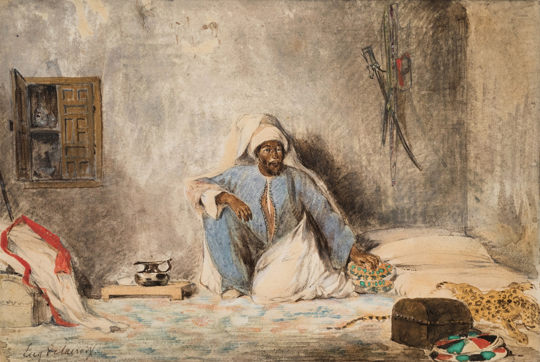 Eugene delacroix Military Chief ben Abou in a Morrocan Interior, 1832    Watercolor on paper 5 3/8 x 8 1/8 inches