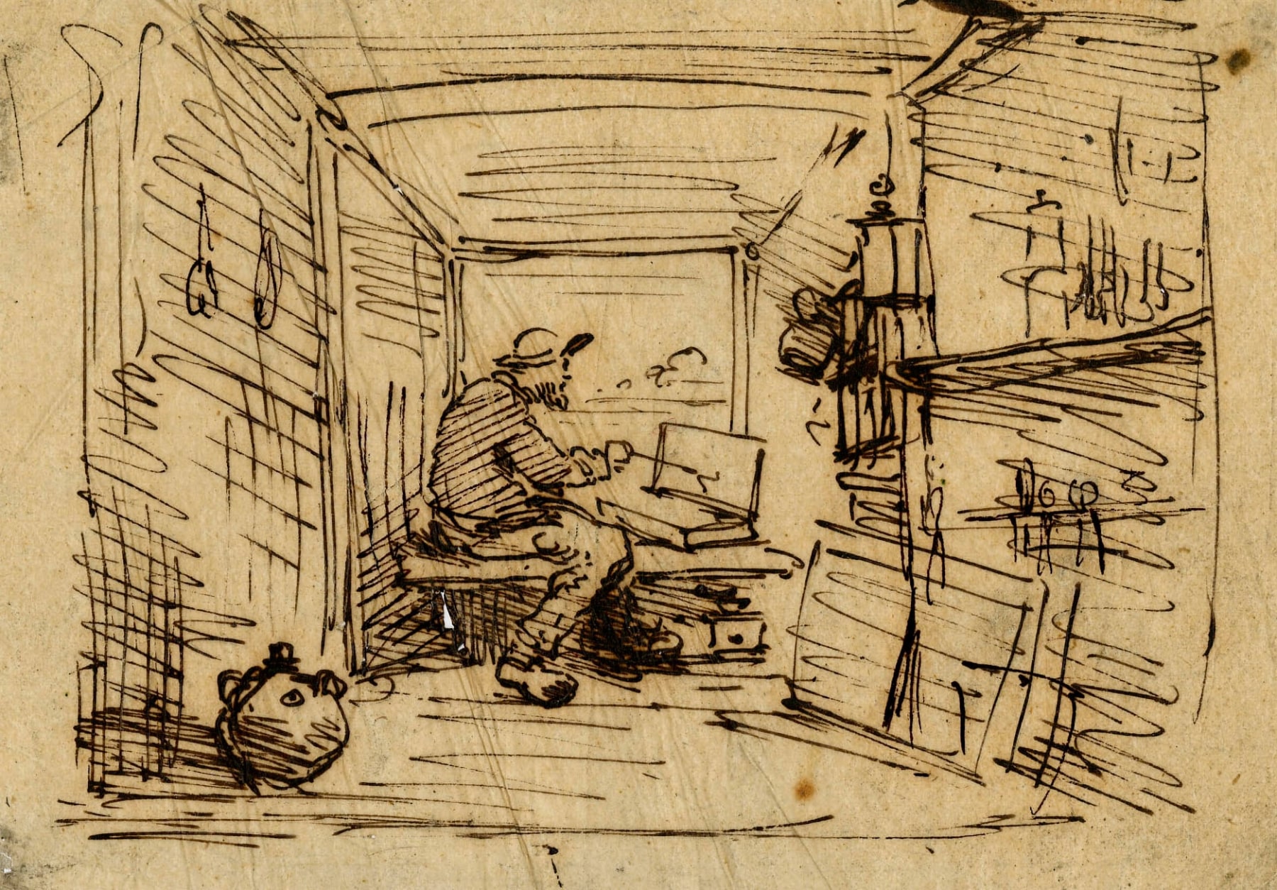 Charles F. Daubigny, Le Bateau Atelier    Pen and ink on paper calque 4 1/2 x 6 3/8 inches