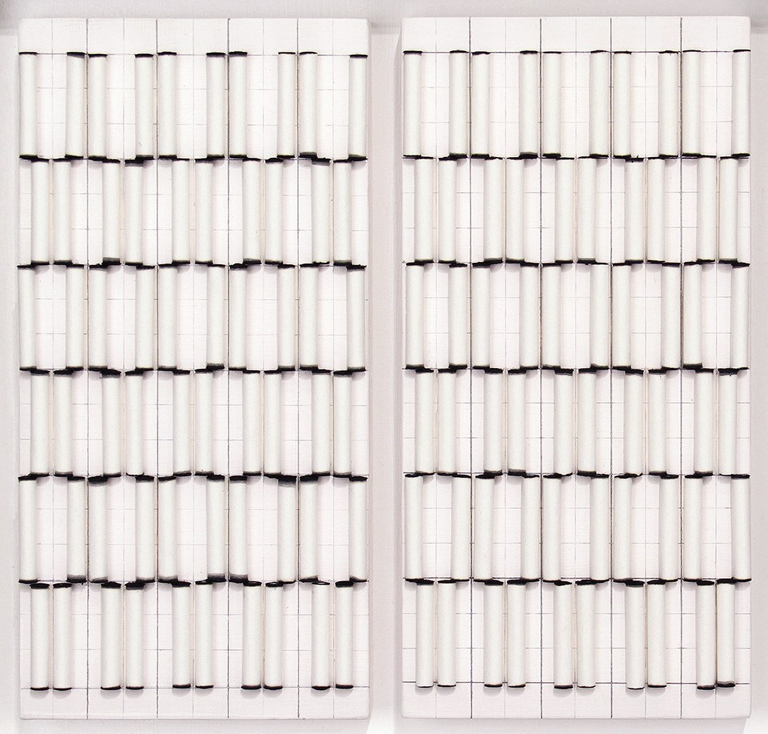 Liliya Lifanova, Untitled (rolled filter paper, black ink tips) diptych, 2012,  Filter paper, ink, gesso and pencil on boards  12 x 12 1/2 inches