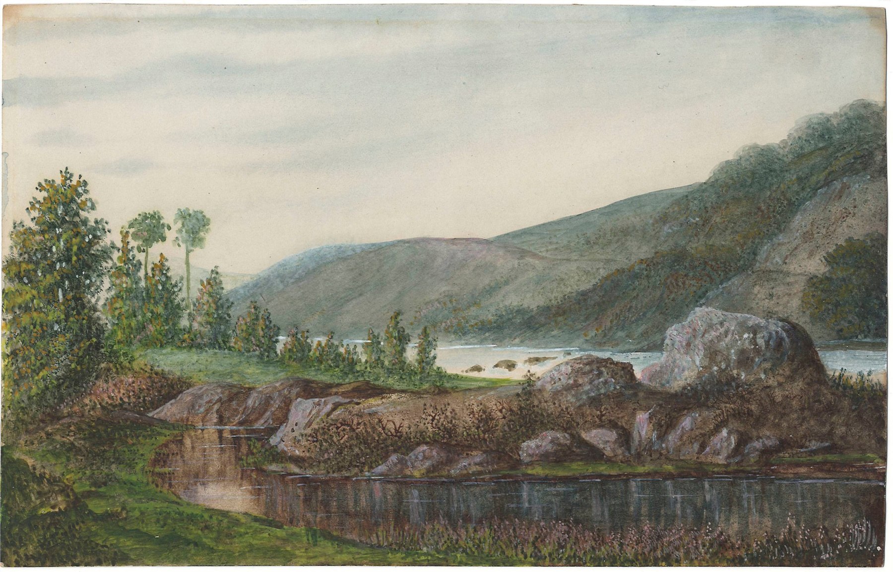 George Sand  Landscape with River and Mountains, 1875  Watercolor and gouache on paper 6 1/8 x 9 5/8 inches