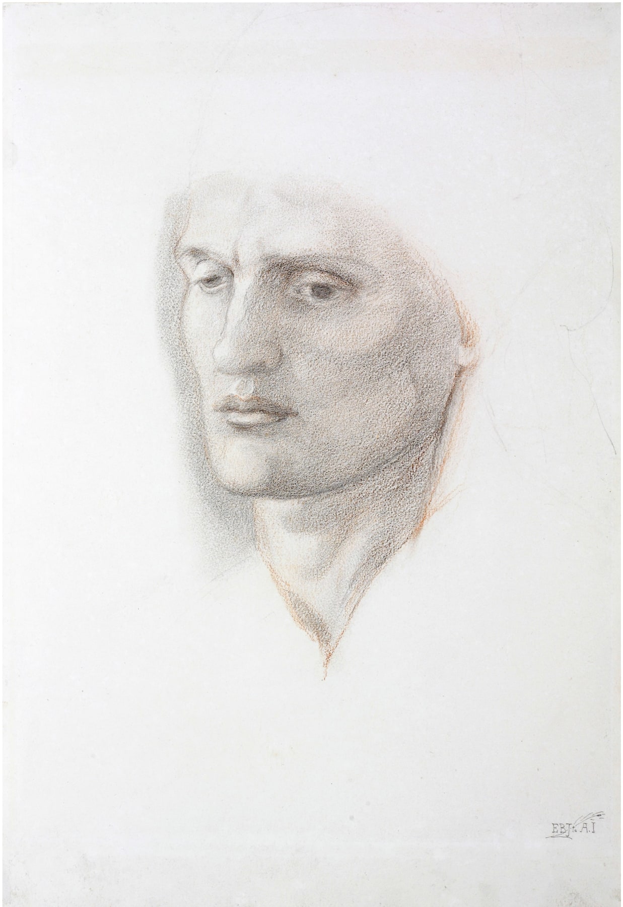 Edward Coley Burne-Jones  Portrait Head of a Man  Red and black chalk on paper 15 1/4 x 11 3/4 inches
