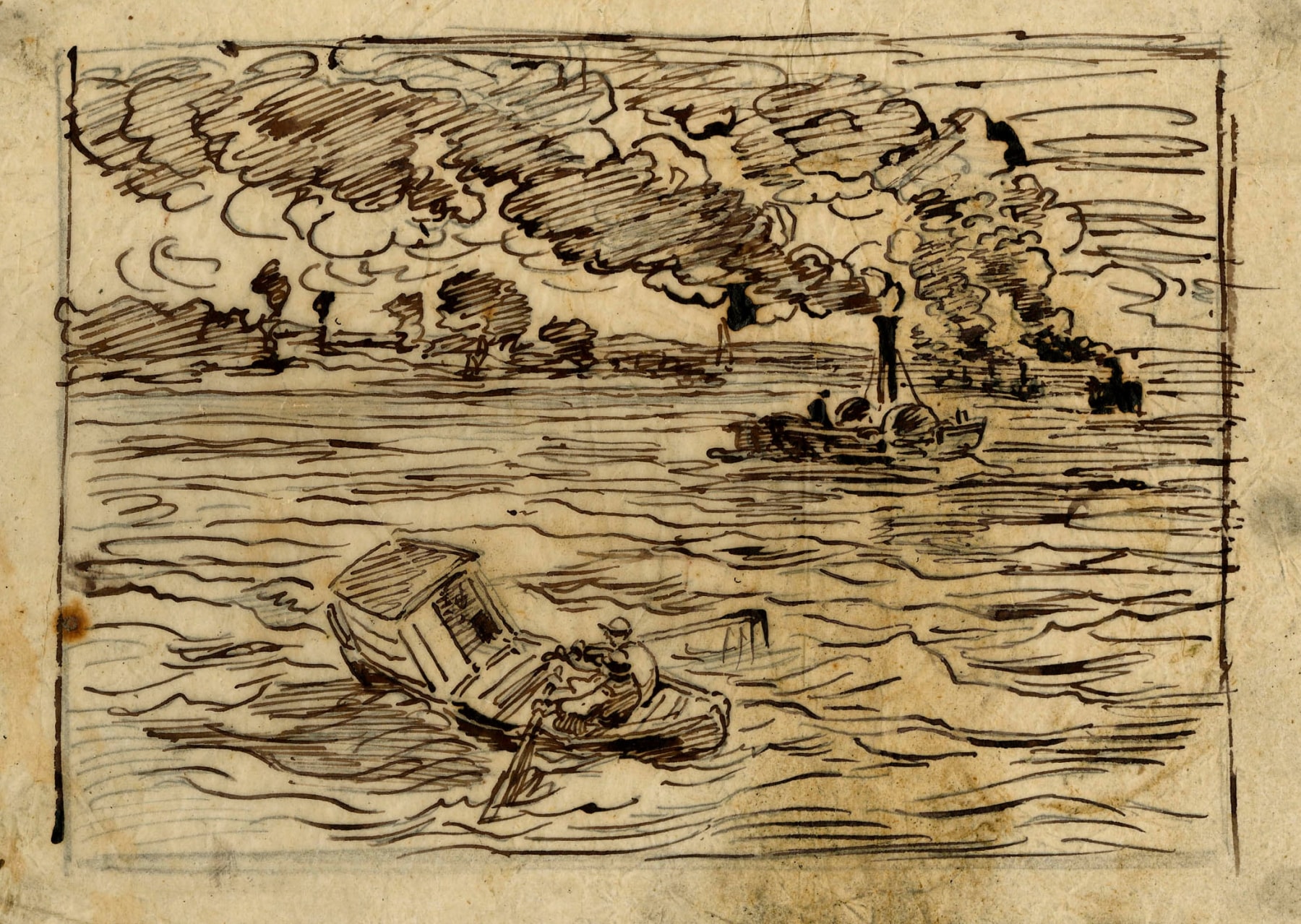 Charles F. Daubigny, Les bateaux &agrave; vapeur (Gare aux vapeurs)    Pen and ink on papier calque 5 1/8 x 7 5/16 inches