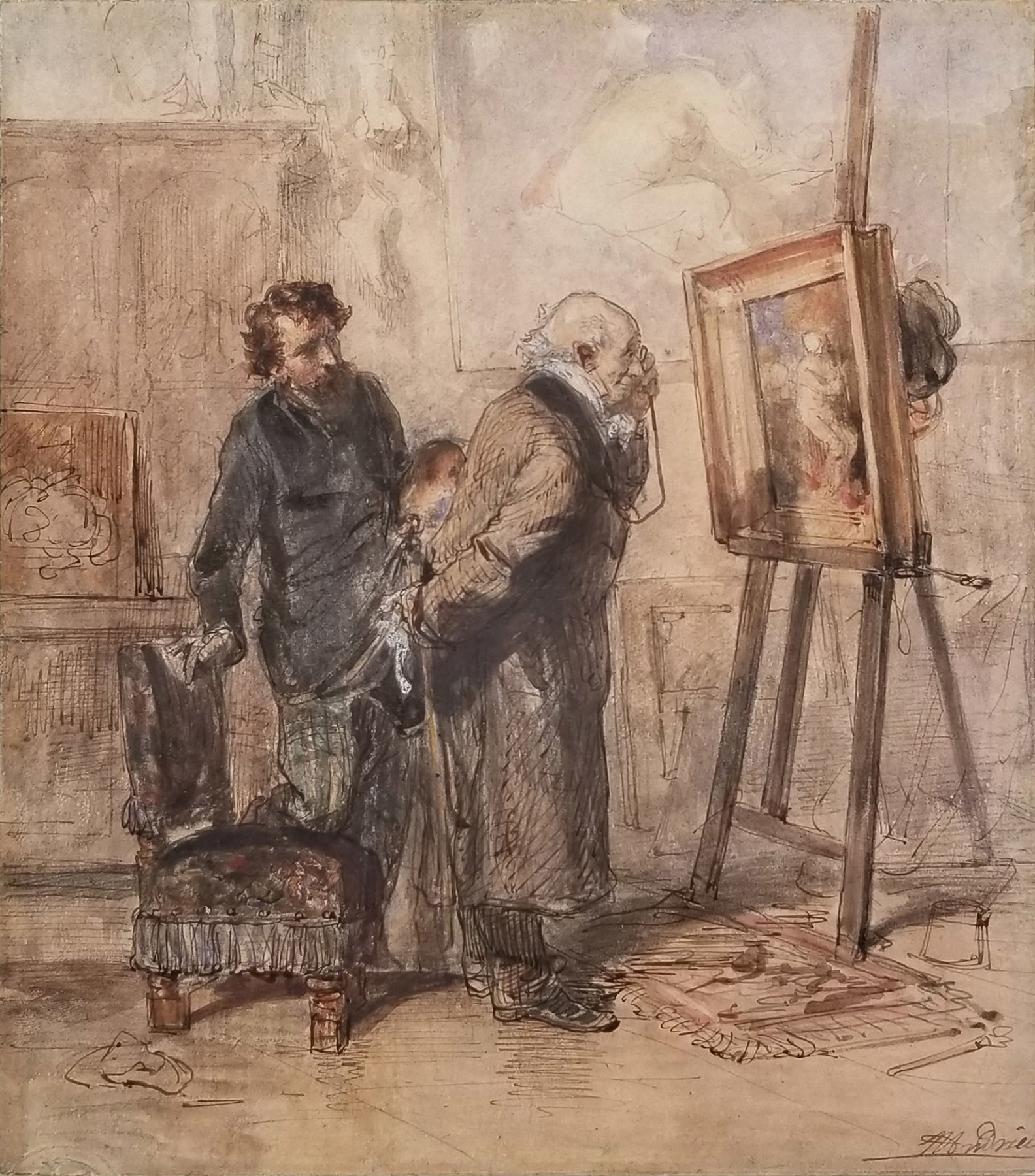 Clement-Auguste Andrieux, The Connoisseur, Watercolor heightened with white over pencil, 8 1/4 x 7 1/4 in. (21 x 18.7 cm), Signed lower right