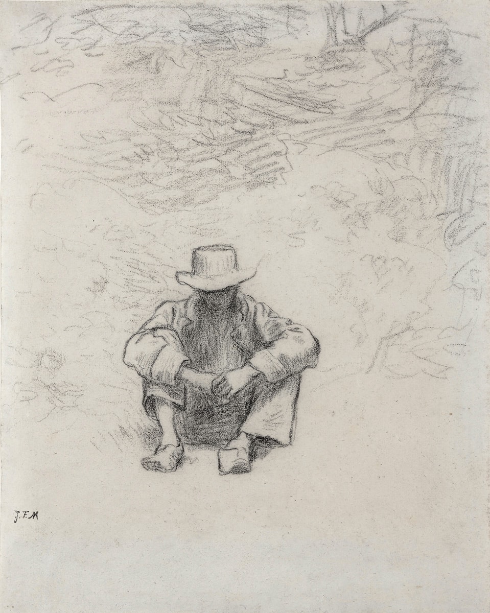 Jean Fran&ccedil;ois Millet  Seated Peasant, c. 1850  Black chalk on paper 11 1/4 x 8 7/8 inches