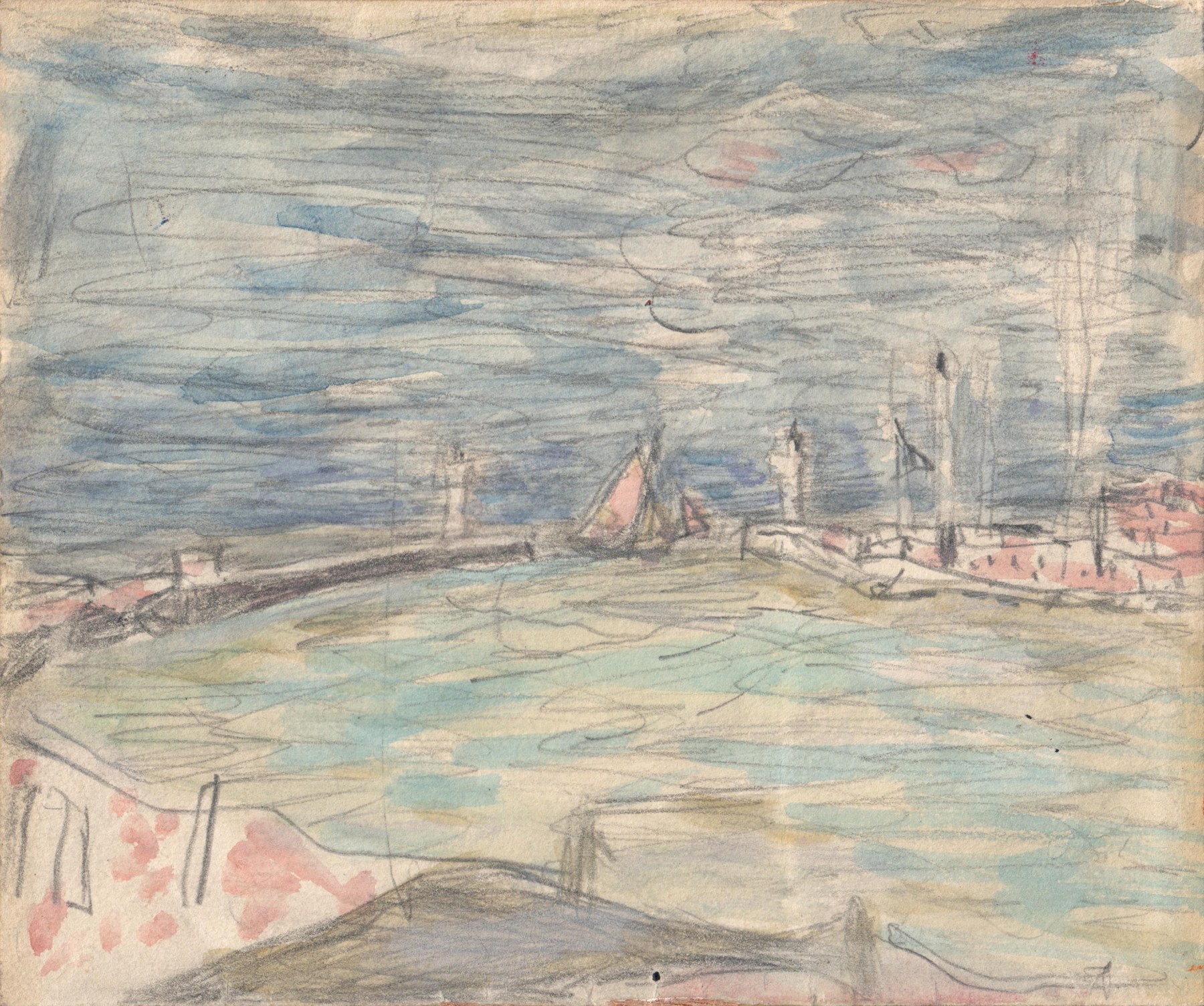 Pierre Bonnard, Sailboats at the Entrance to the Port, c. 1925,    Watercolor over pencil on paper 4 1&frasl;4 x 5 inches
