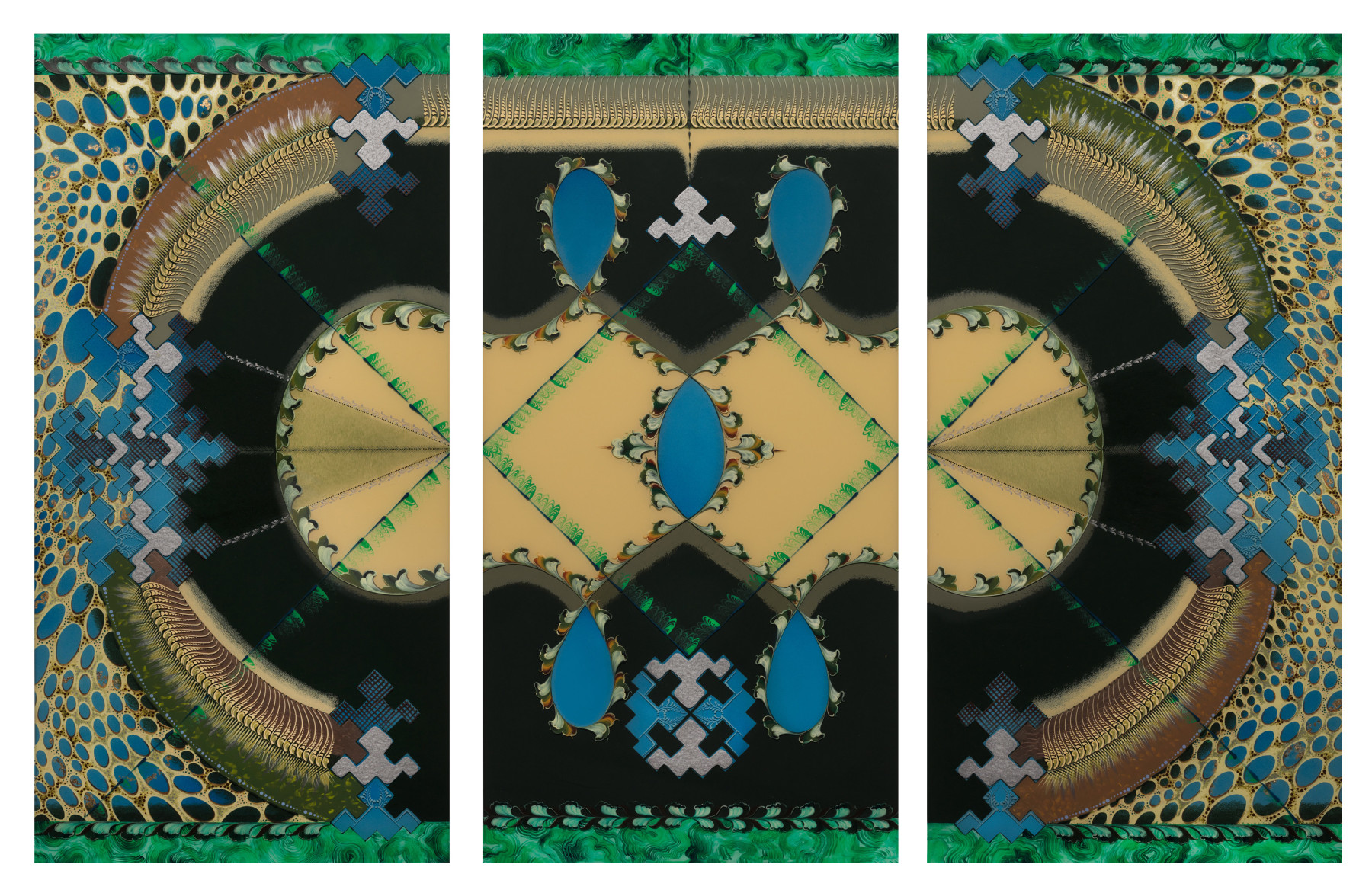A three panel painting that overall suggests a stadium or racetrack, but is composed of organic shapes suggesting cells