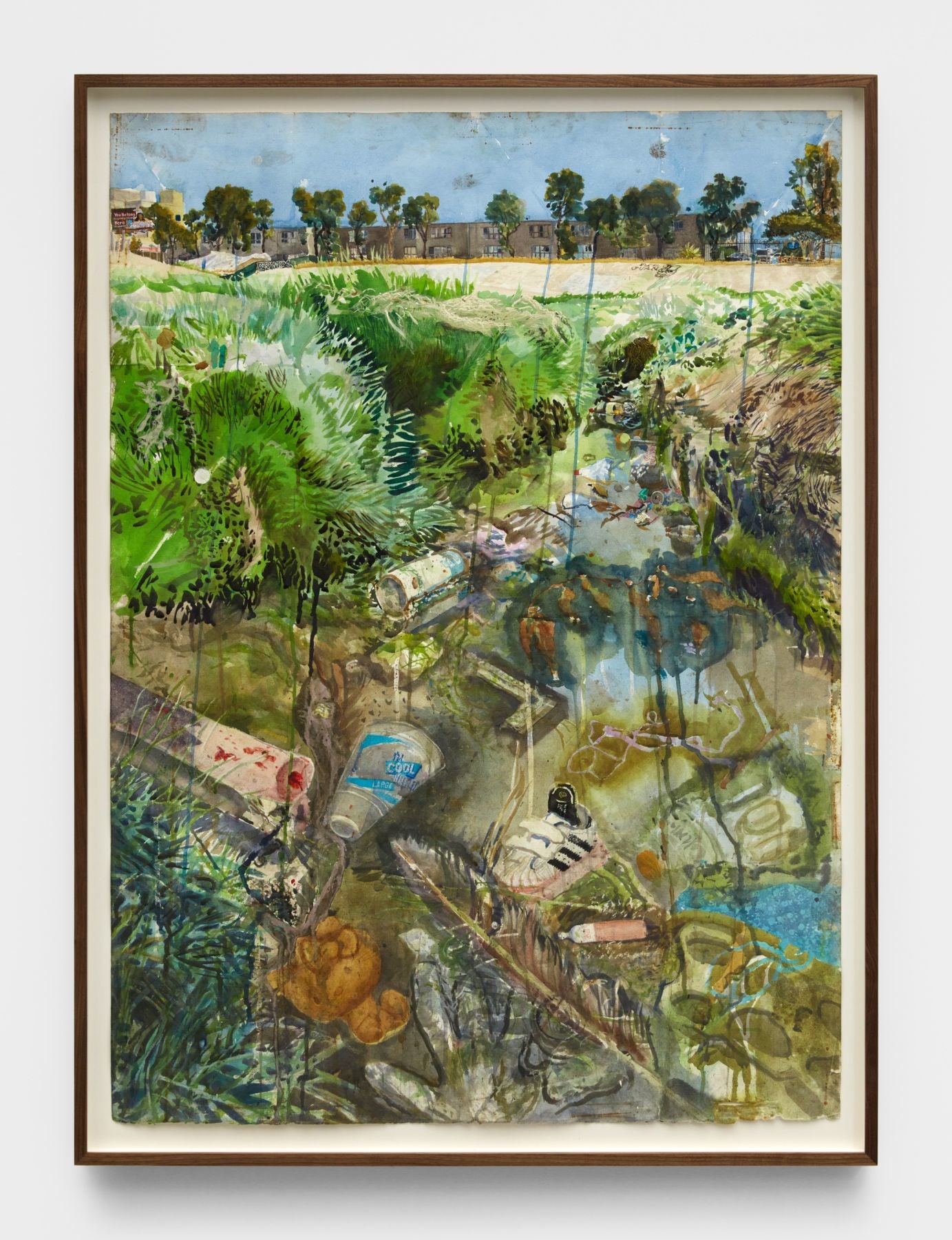 A muddy marsh filled with vape cartridges, a baby's shoe, empty bottles and a hello kitty stuffed toy are rendered in light and drippy watercolor brush strokes.