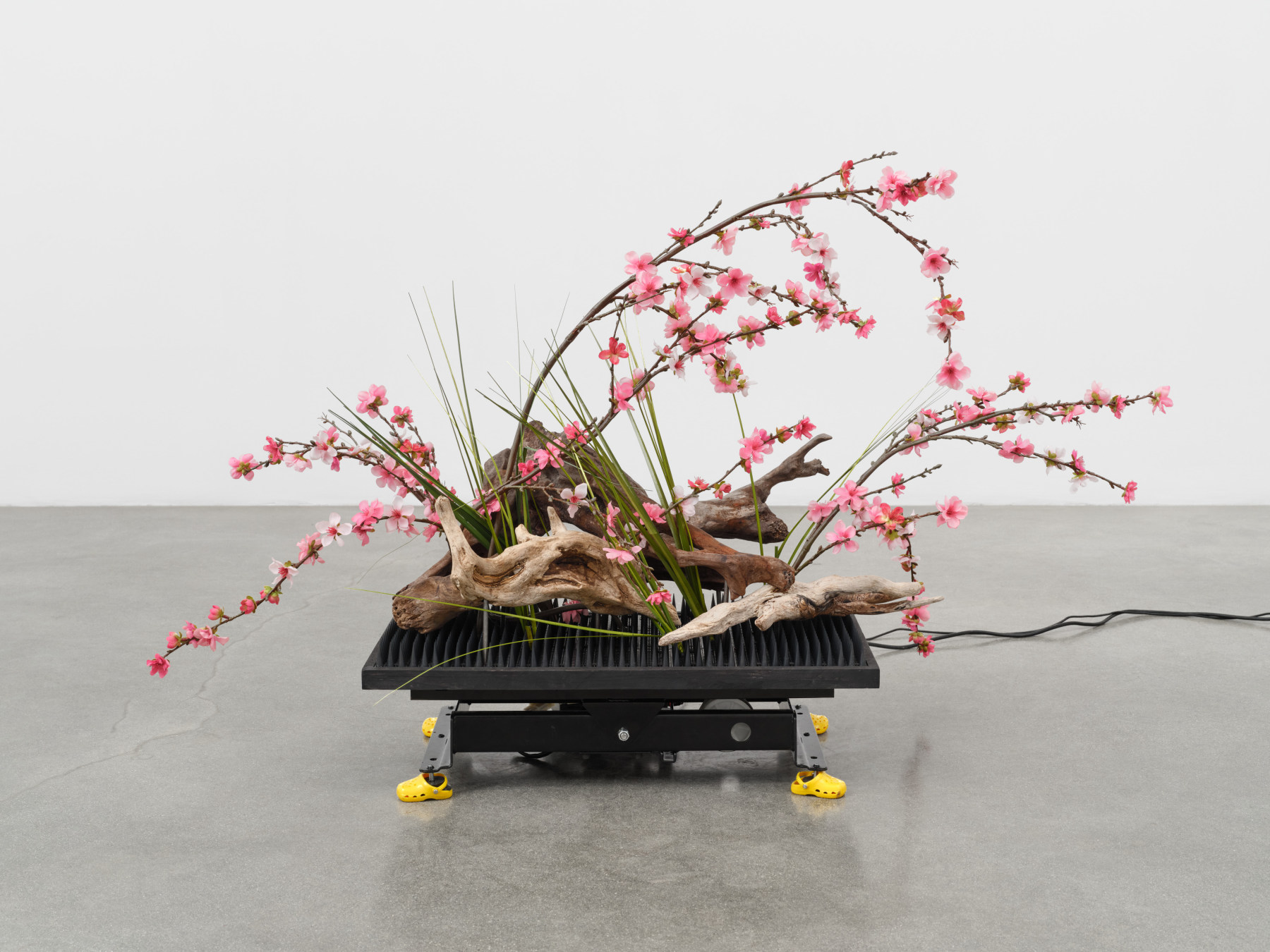 A sculpture by Rachel Youn titled "Arrangement," 2023, featuring a vibration platform machine, steel, wood, plastic spikes, artificial flowers, driftwood, dog shoes, arduino, and serro motor