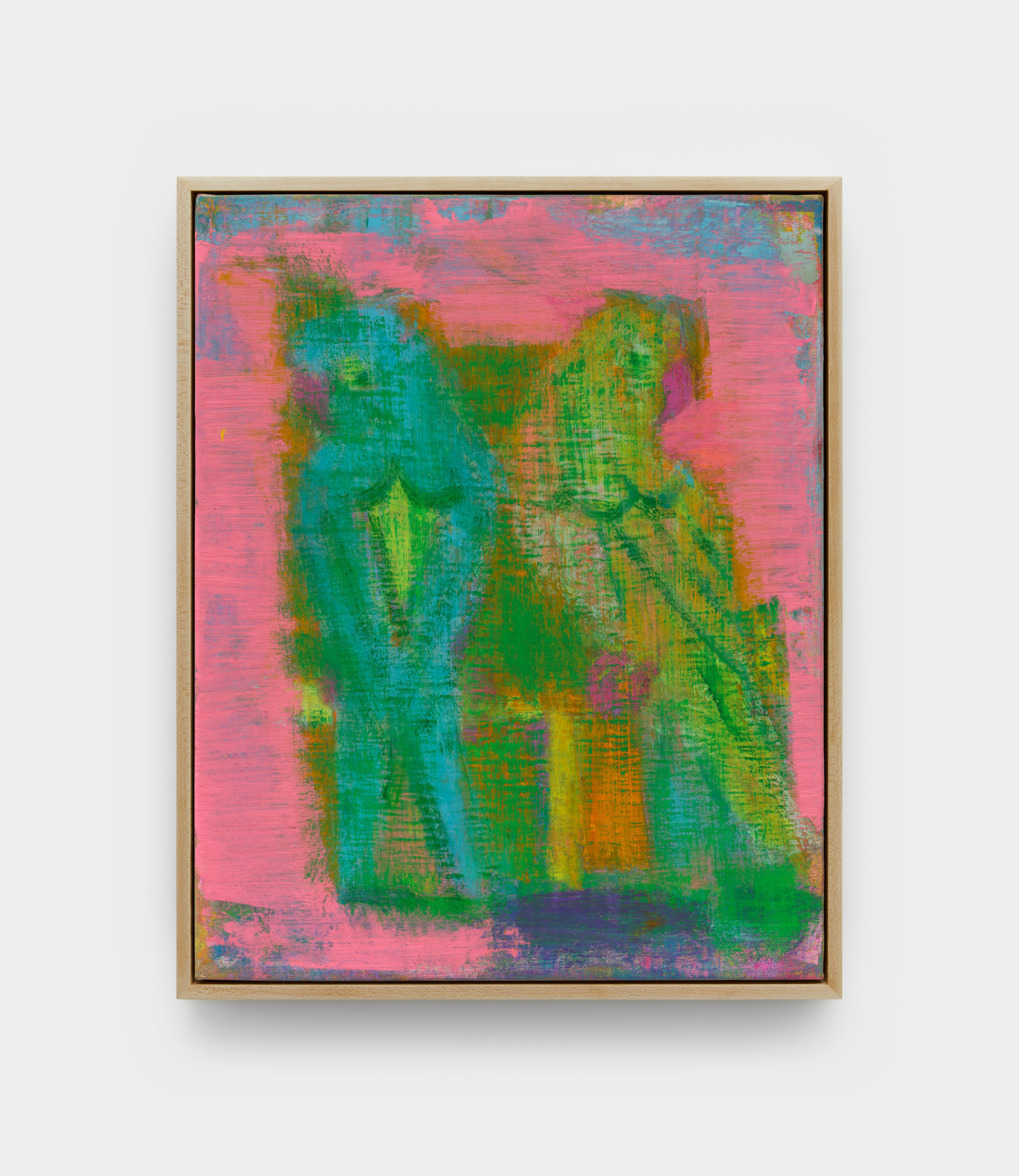 A painting by Michael Berryhill titled "Flirting," which shows two green parakeets facing away from each other against a pink background