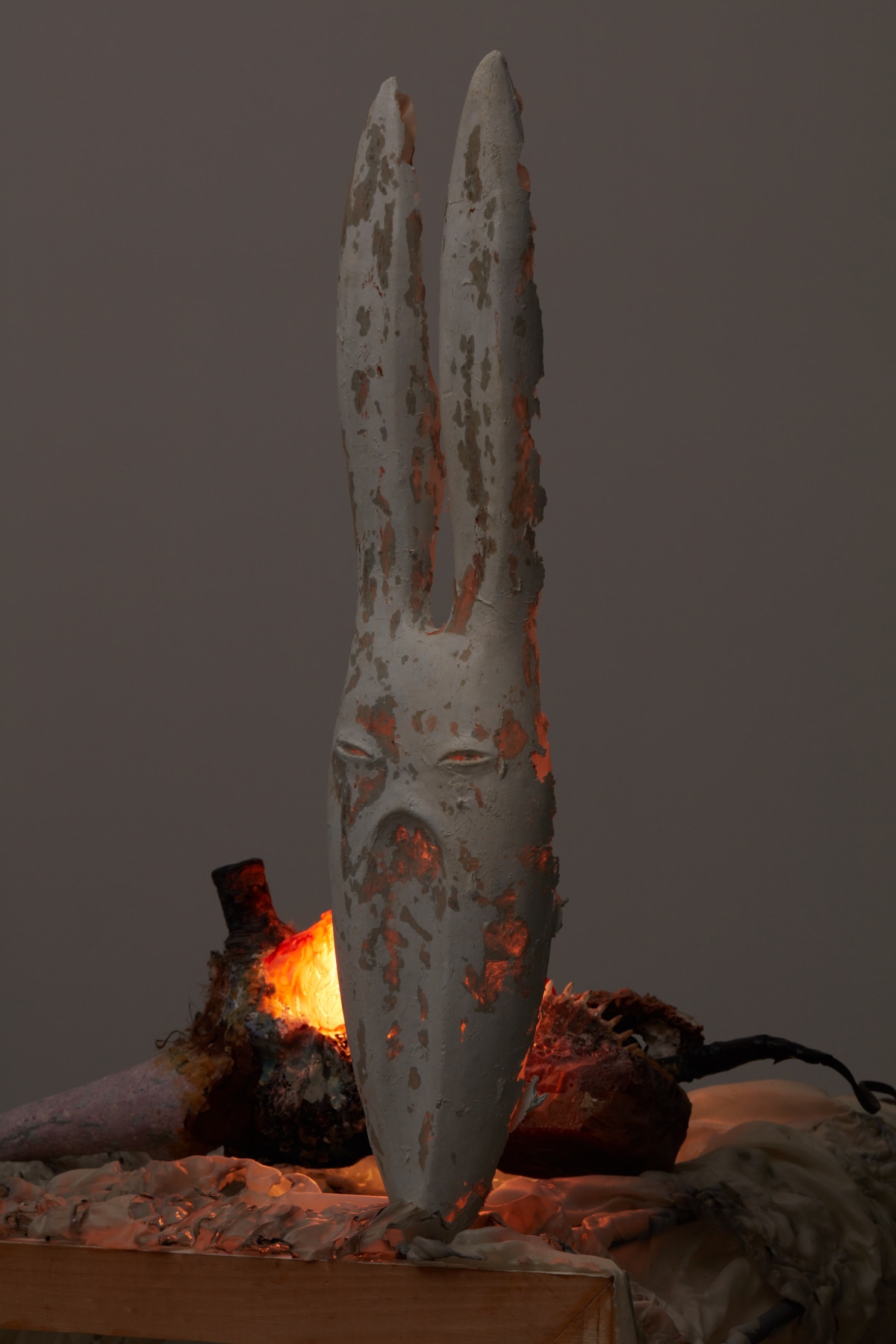 Catalina Ouyang, Happening, detail, 2022 burned fabric, resin, steel, wood, angle grinder, beeswax, found textiles, epoxy clay, wire mesh, plaster, papier mache, light, horse hair, turtle shell 44 7/8 x 31 x 28 3/4 in (114 x 78.7 x 73 cm)