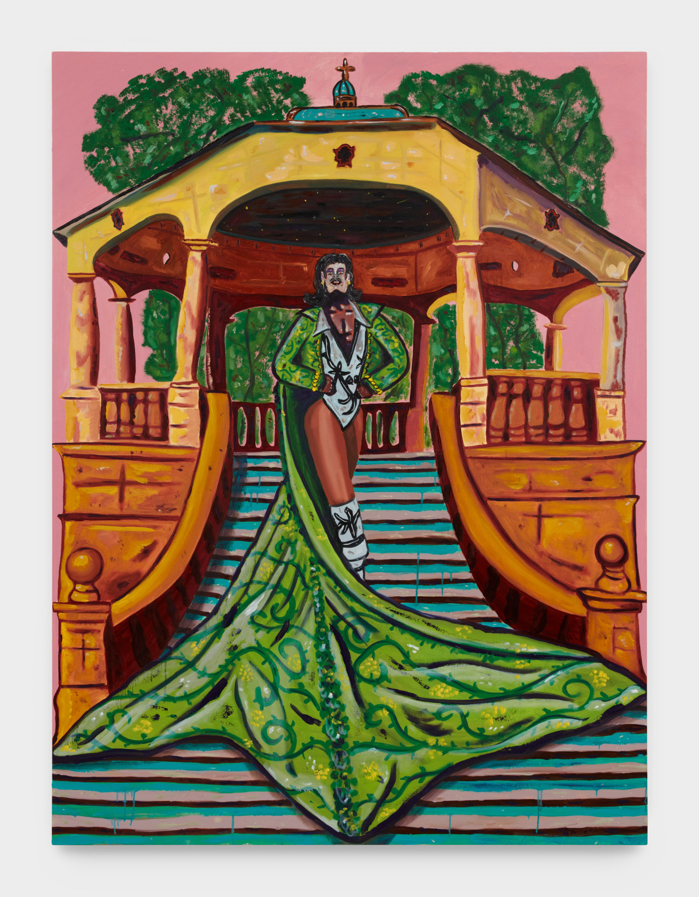Marcel Alcalá's artwork "Presence of Mind". A figure stands proudly on the steps of a gazebo wearing a long green jacket with their hands on their hips. 72 x 54 in (182.9 x 137.2 cm), oil on canvas, 2023