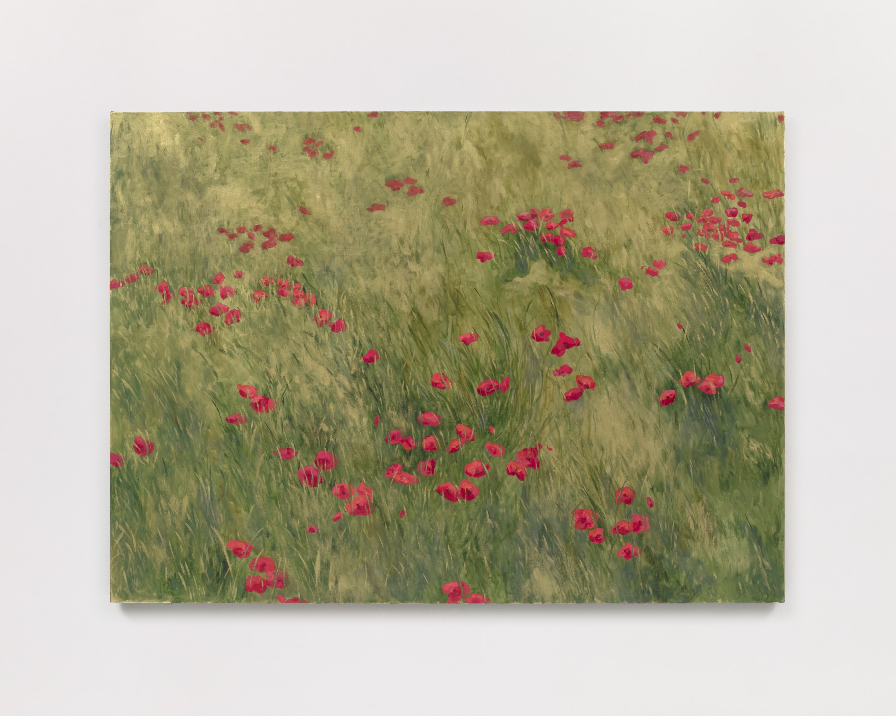 A painting of red poppies in a light green field