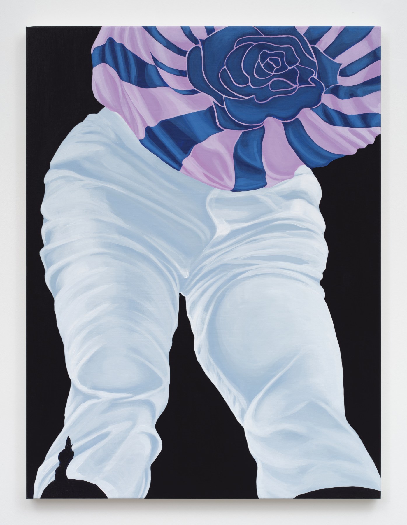 A painting depicting the legs and torso of a jockey wearing white pants and a lavender and blue striped silk with a blue rose against a black background. 