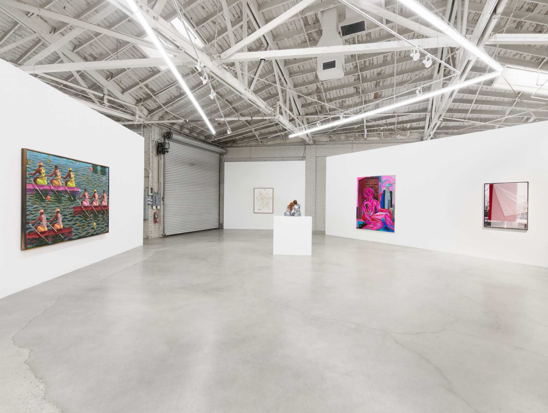 Installation view of Majeure Force, Part One, featuring works by Derek Fordjour, Awol Erizku, Samara Golden, Mira Dancy, and Rose Marcus.