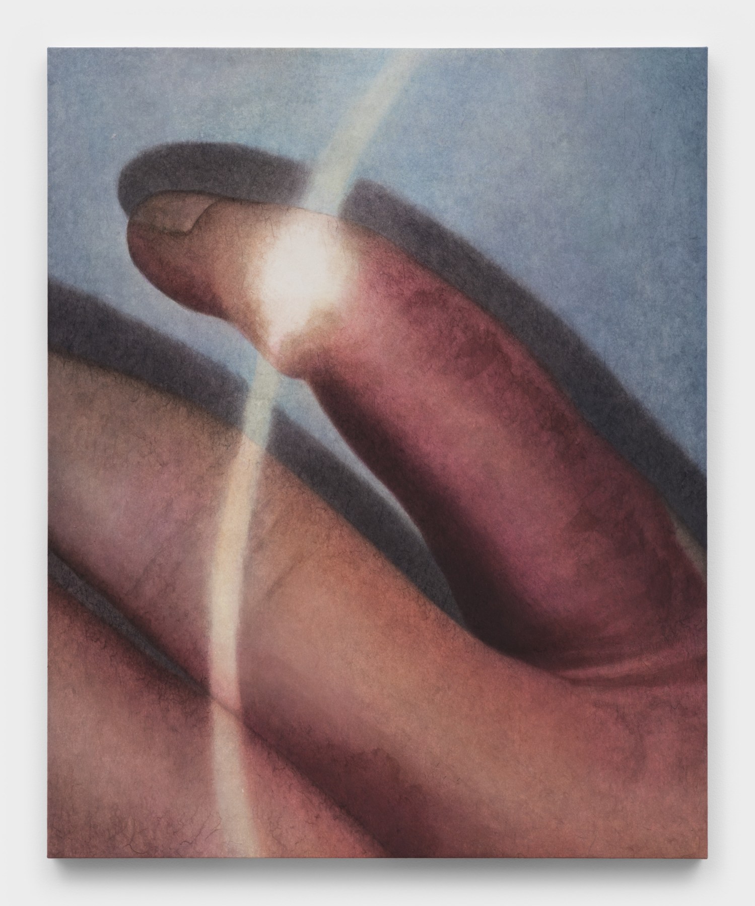 A painting of an outstretched hand with a beam of white light cutting across the fingers. 