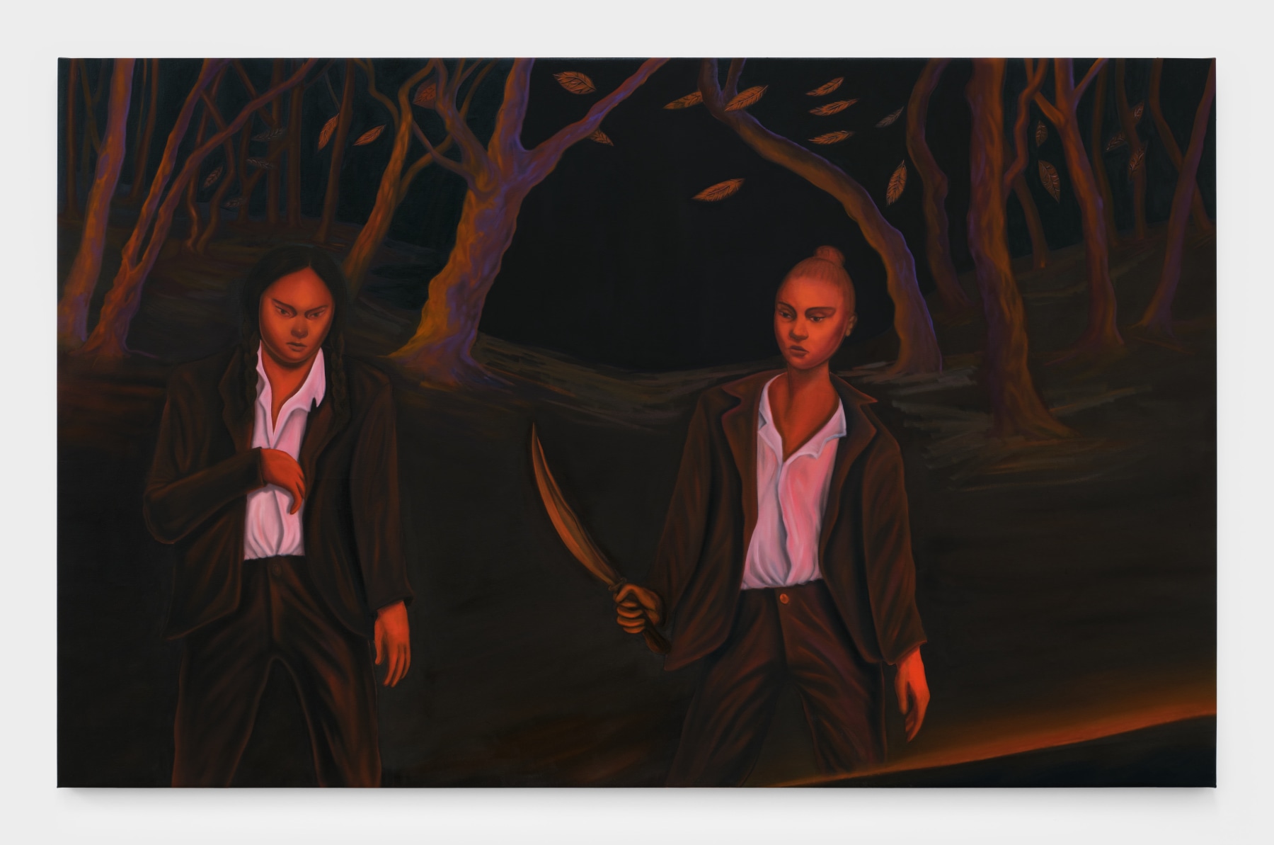 Bambou Gili's artwork "Goodfellas". Two women in loose fitting suits walk through a red glowing forest while one wields a machete. 47 x 75 3/4 in (119.4 x 192.4 cm), oil on linen, 2022