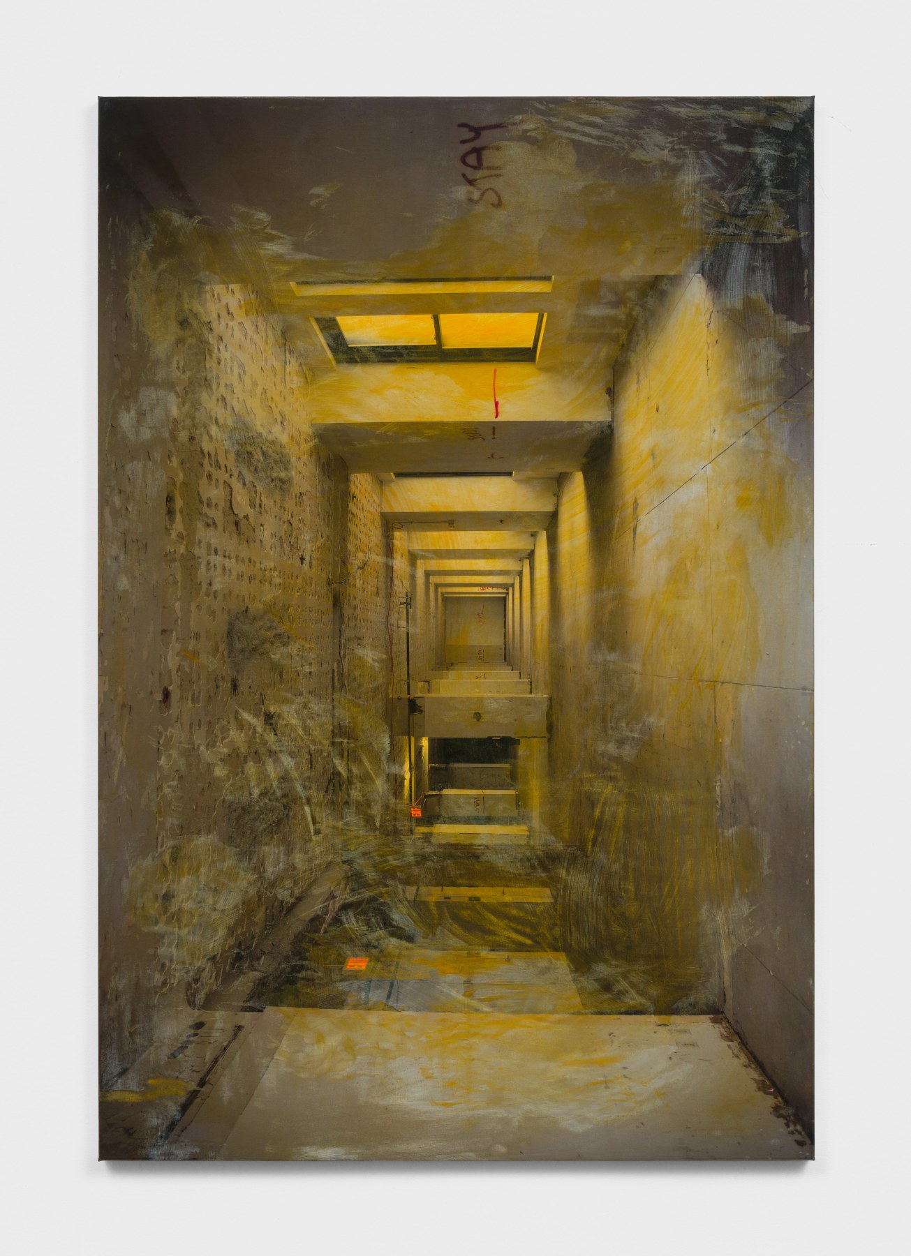 A photograph depicting a yellow toned image of a partially demolished hallway flipped sideways.