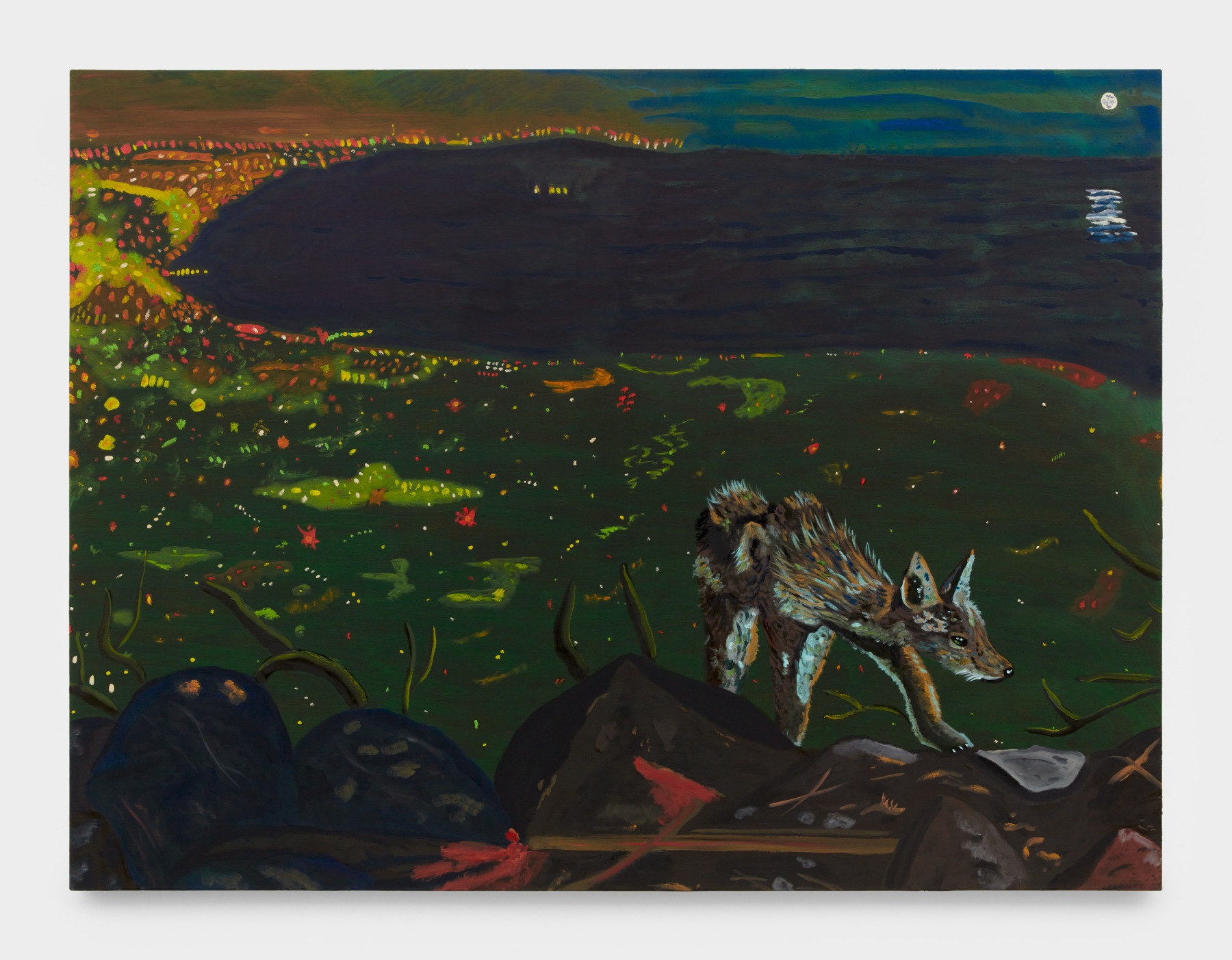Marcel Alcalá's artwork "En La Calle Somos Unidos". A lone coyote traverses glowing oceanside hills at night. 54 x 72 in (137.2 x 182.9 cm), oil on canvas, 2023