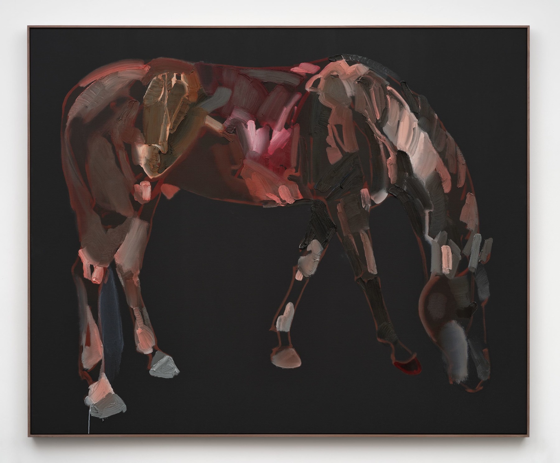 A painting of a horse rendered in deep browns and burgundies against a black background