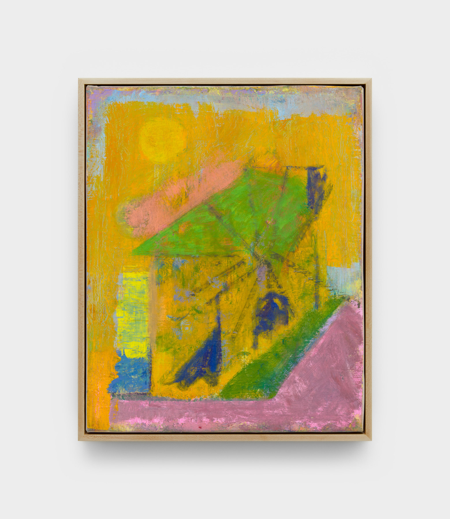 A painting by Michael Berryhill titled "Diane Drive," which shows an abstractly rendered yellow house-like structure and sun.