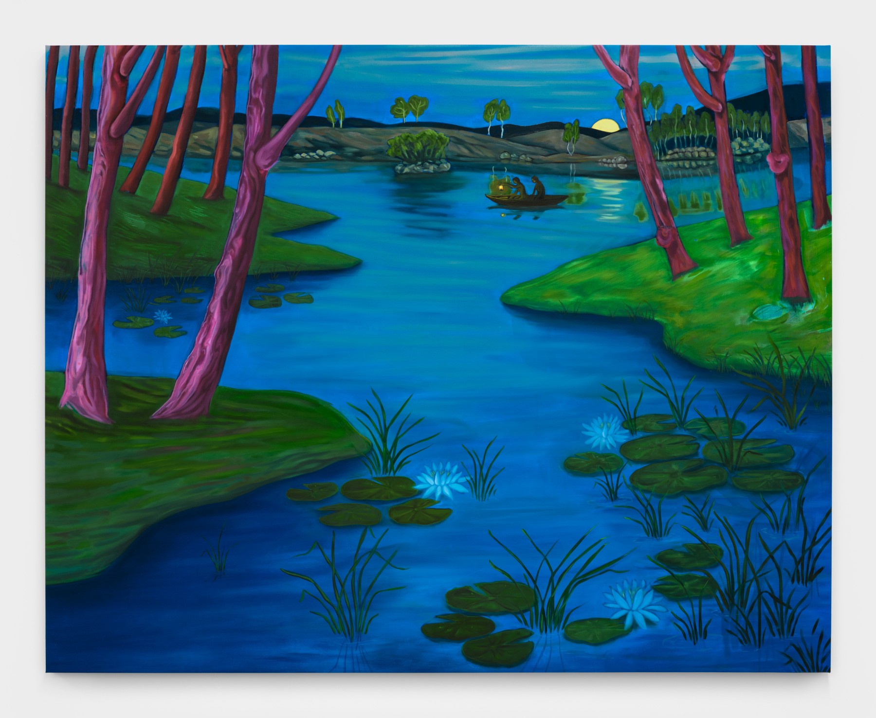 Bambou Gili's artwork "Full Moon". On a serene body of water surrounded by water lillies two figures travel by boat in moonlight. 64 x 80 1/2 in (162.6 x 204.5 cm), oil on linen, 2022