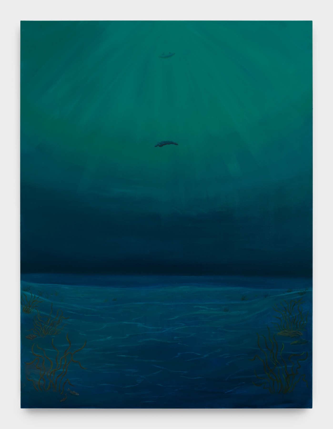 Bambou Gili's artwork "Earl's Descent". A wrapped lifeless body floats to the bottom of a lake. 96 x 72 in (243.8 x 182.9 cm) oil on linen, 2022