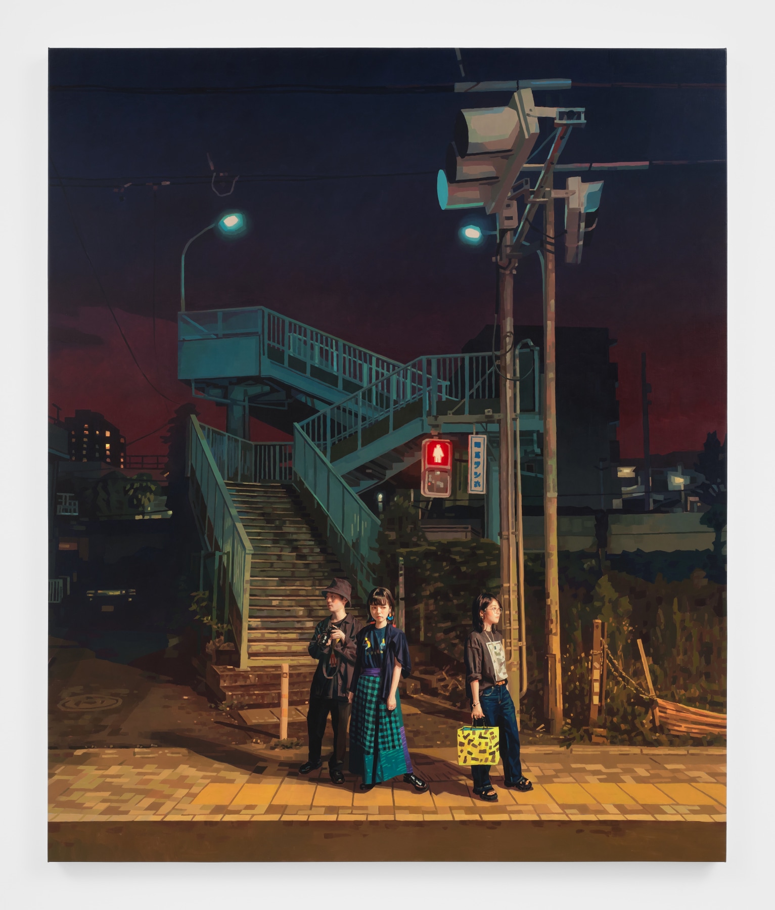 A painting of three people waiting for a crosswalk signal in an urban setting at night.