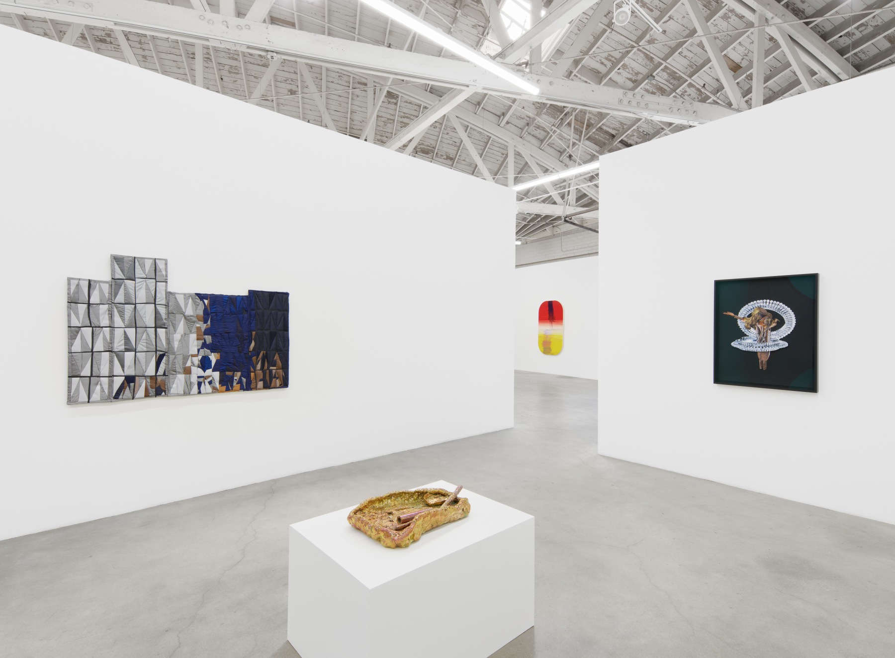Installation view of Majeure Force, Part Two, featuring works by Anne Libby, Sterling Ruby, Elaine Stocki, and Rashaad Newsome.