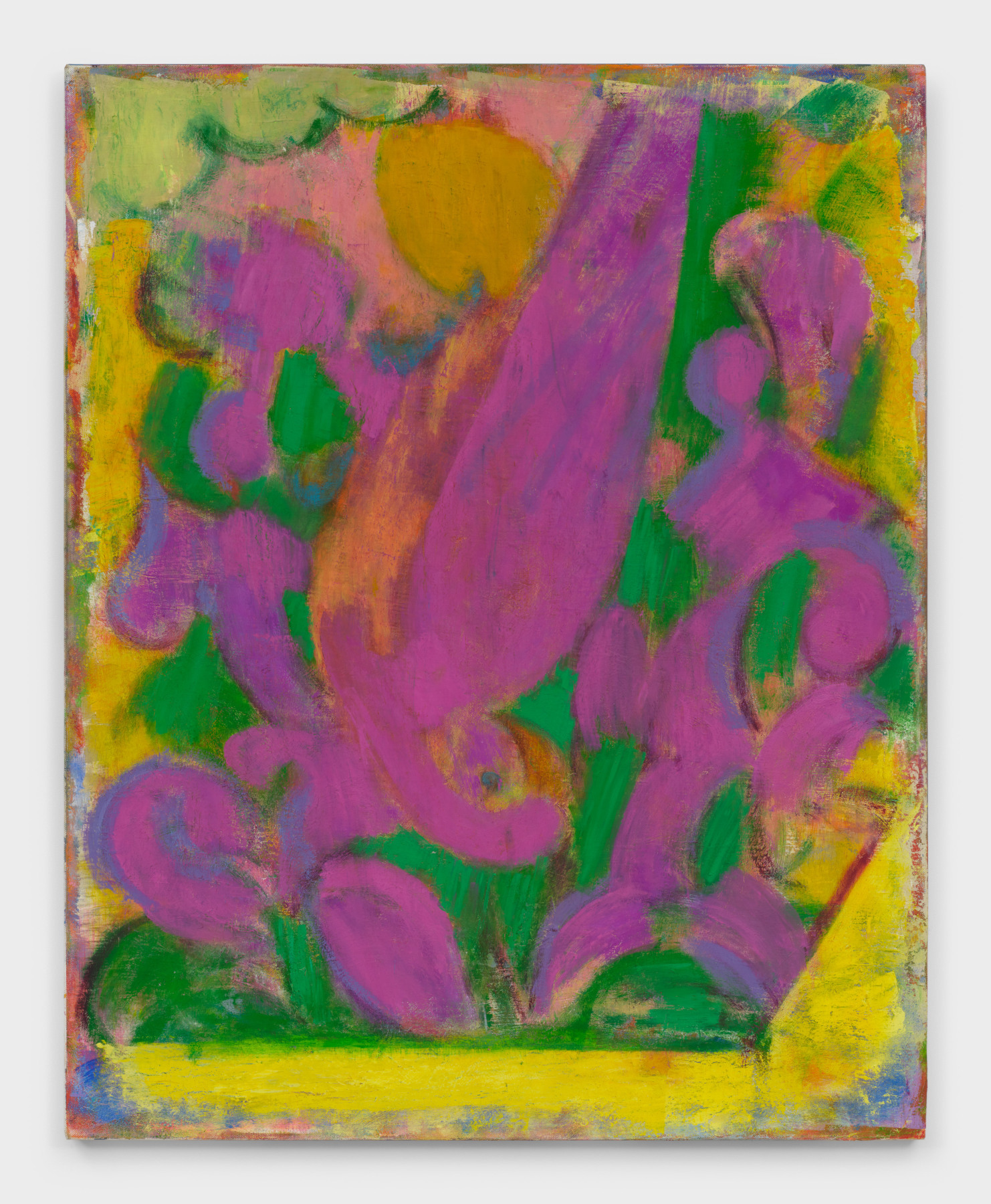 ​​A painting by Michael Berryhill titled "Good Fortune," which shows purple and green shapes against a yellow background