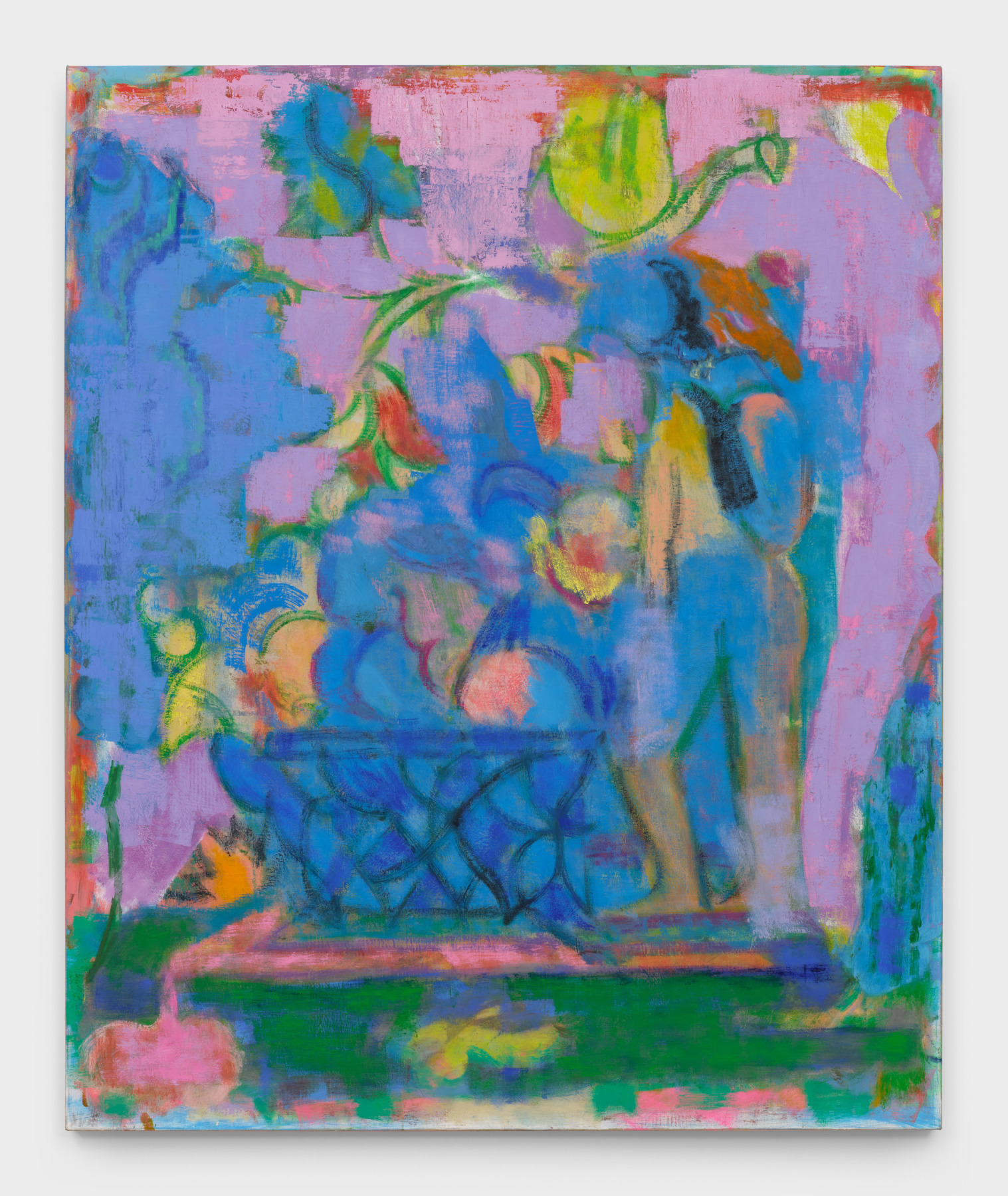 A painting by Michael Berryhill titled "Unbound," which shows a vague, faceless figure stepping toward an oversized fruit basket
