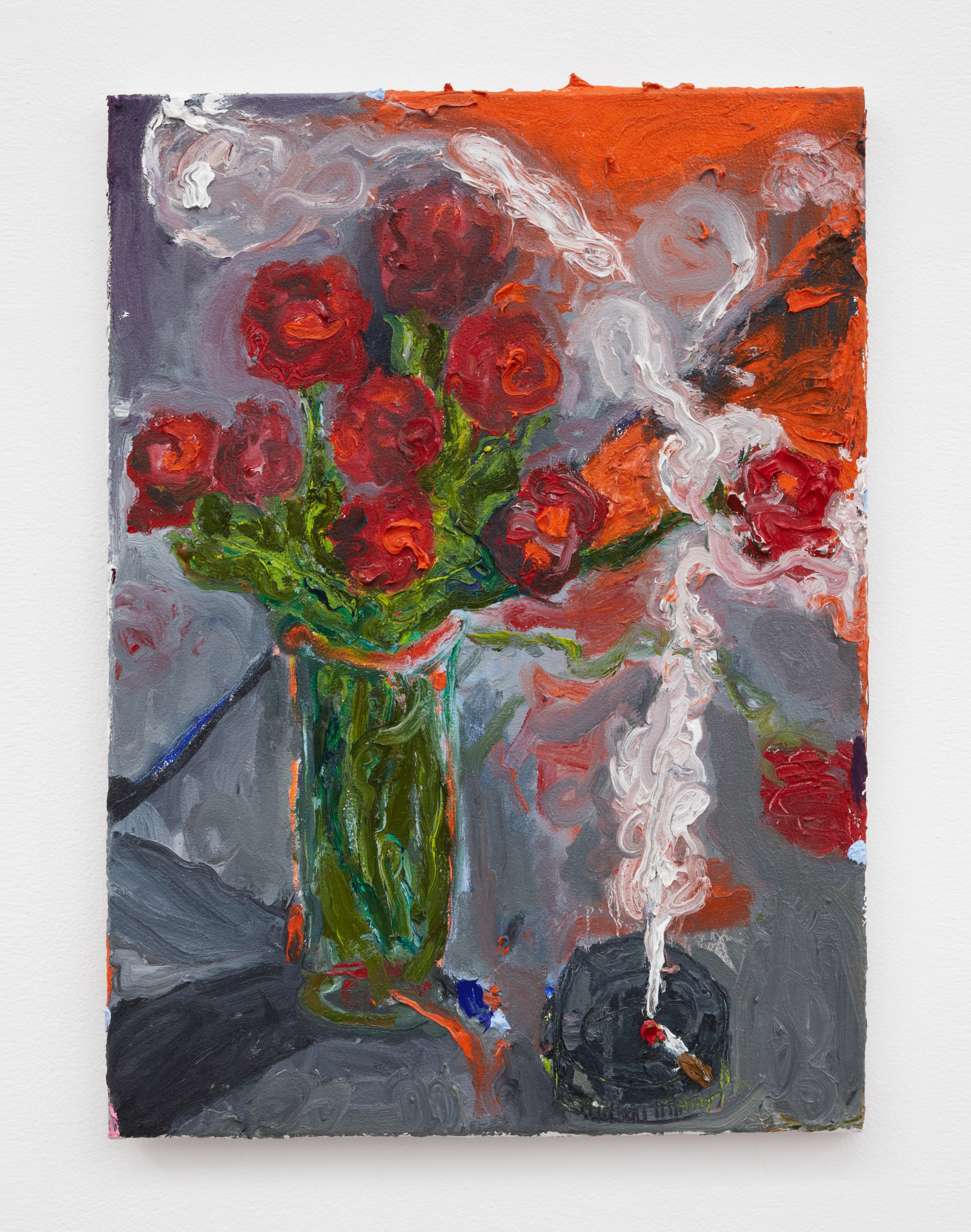 Jason Roberts Dobrin, Untitled (wildfire sunlight light, red roses and smoking cigarette in black ashtray), 2021