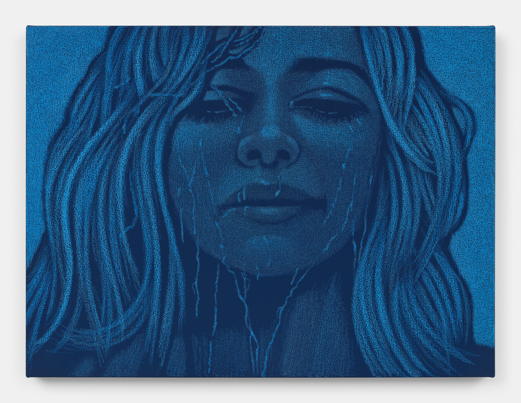 A painting made with blue oil pastels of a a woman looking down with liquid streaming down her face. 