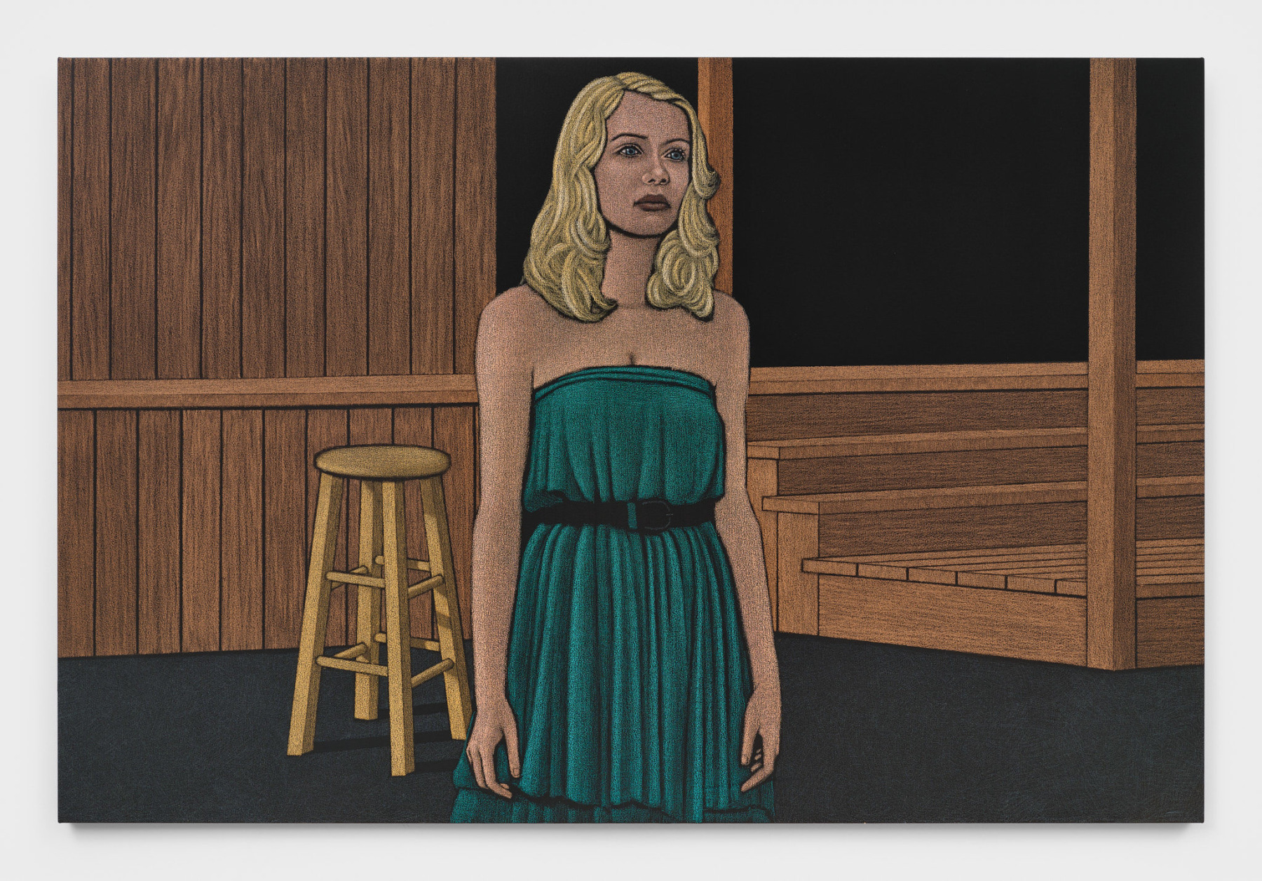 An oil pastel painting of a blonde woman in a teal dress in the foreground looking off into the distance past the viewer in a wooden room with a wooden stool behind her. 