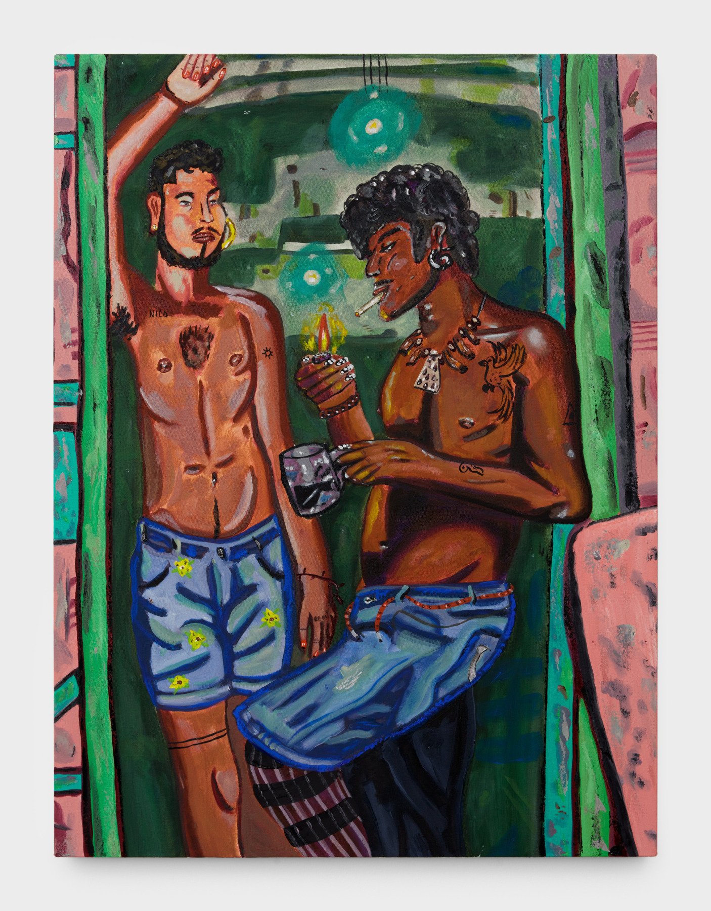 Marcel Alcalá's artwork "East Side Smoke Break". Two shirtless figures stand in a doorway while one lights a cigarette. 40 x 30 in (101.6 x 76.2 cm), oil on canvas, 2023