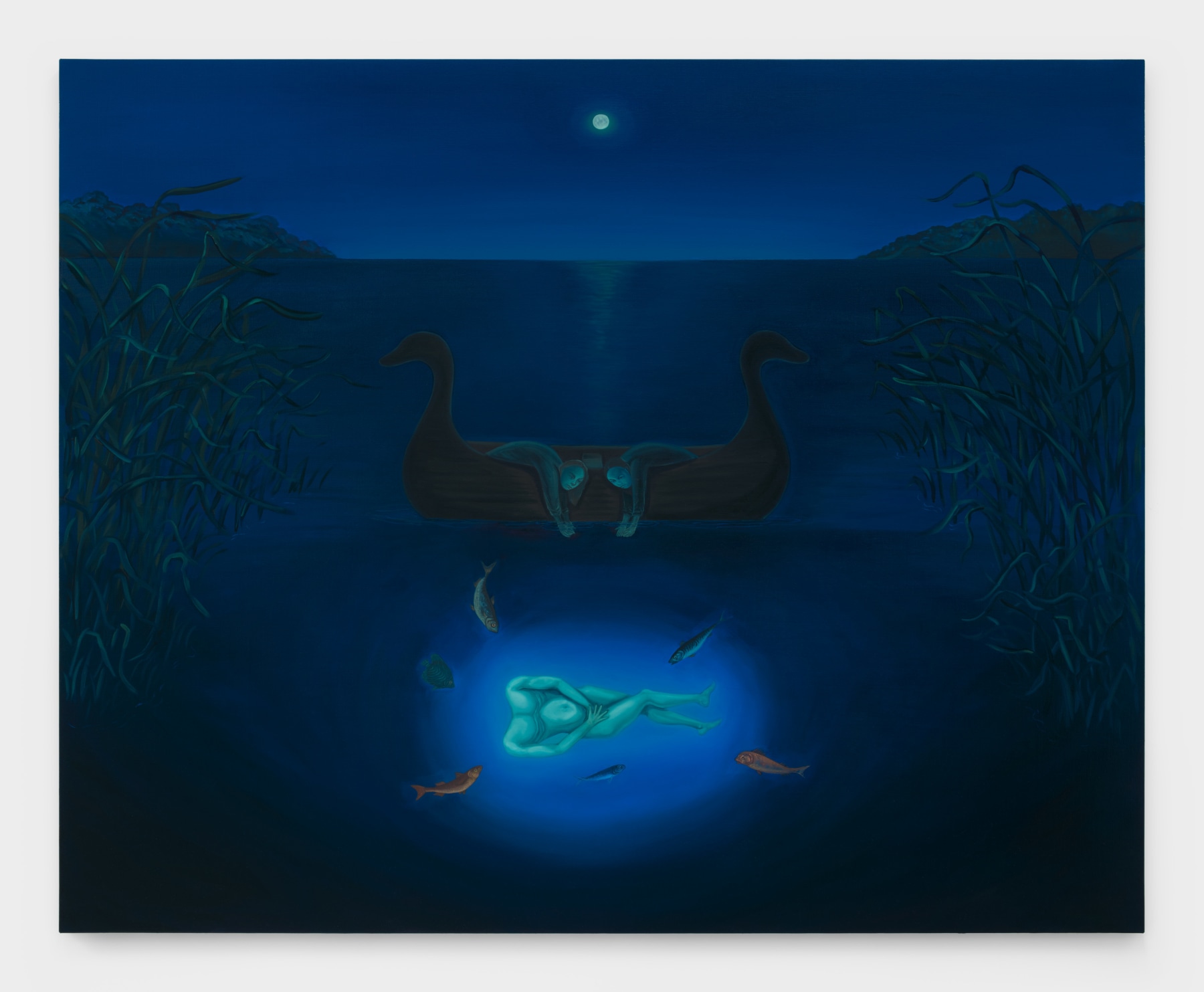 Bambou Gili's artwork "In the Reeds". A headless body glows underwater surrounded by fish with the arms of two women extended towards it from a boat on the surface. 70 x 87 in (177.8 x 220 cm), oil on linen, 2022