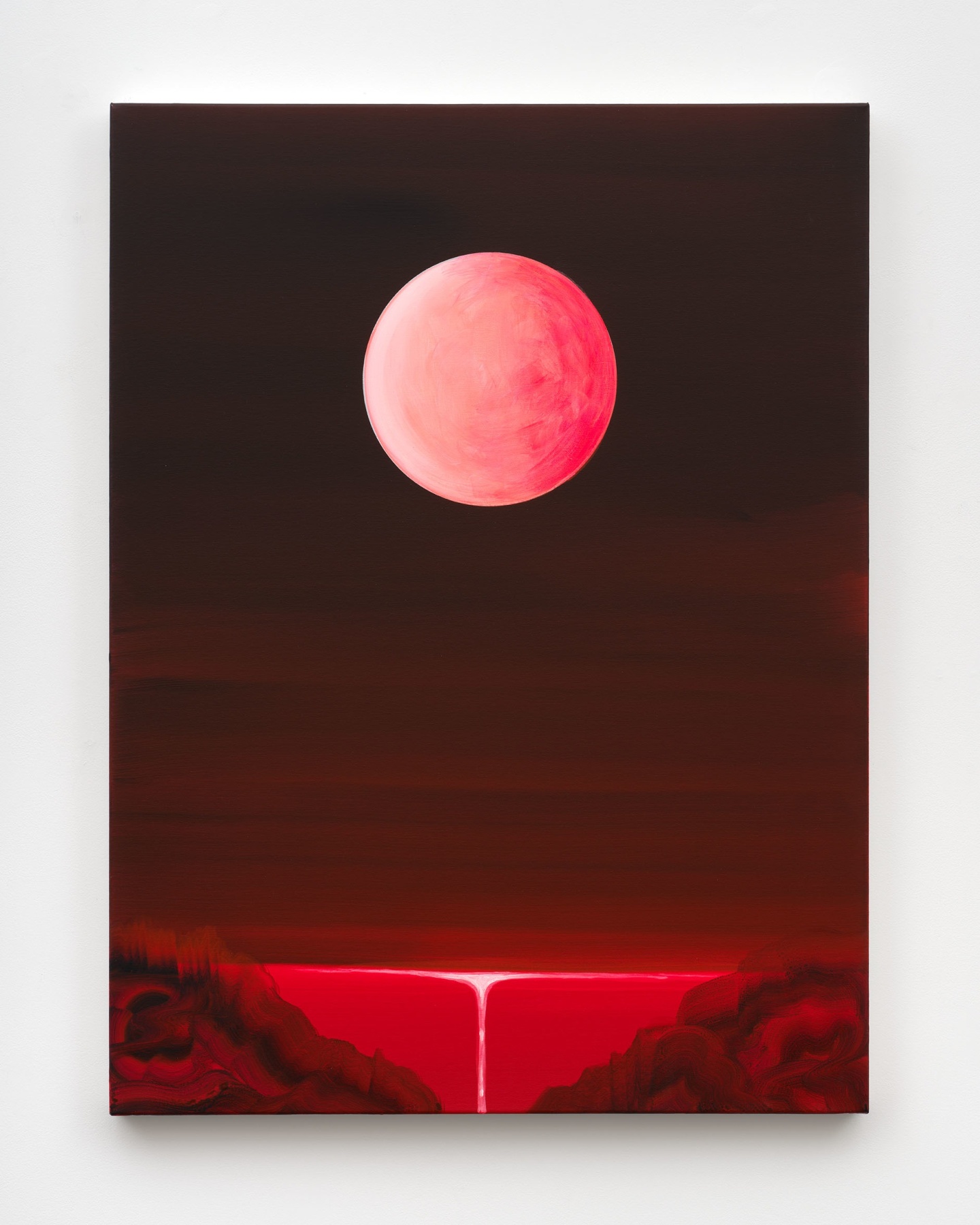 A painting of a red full moon reflected in shining red waters