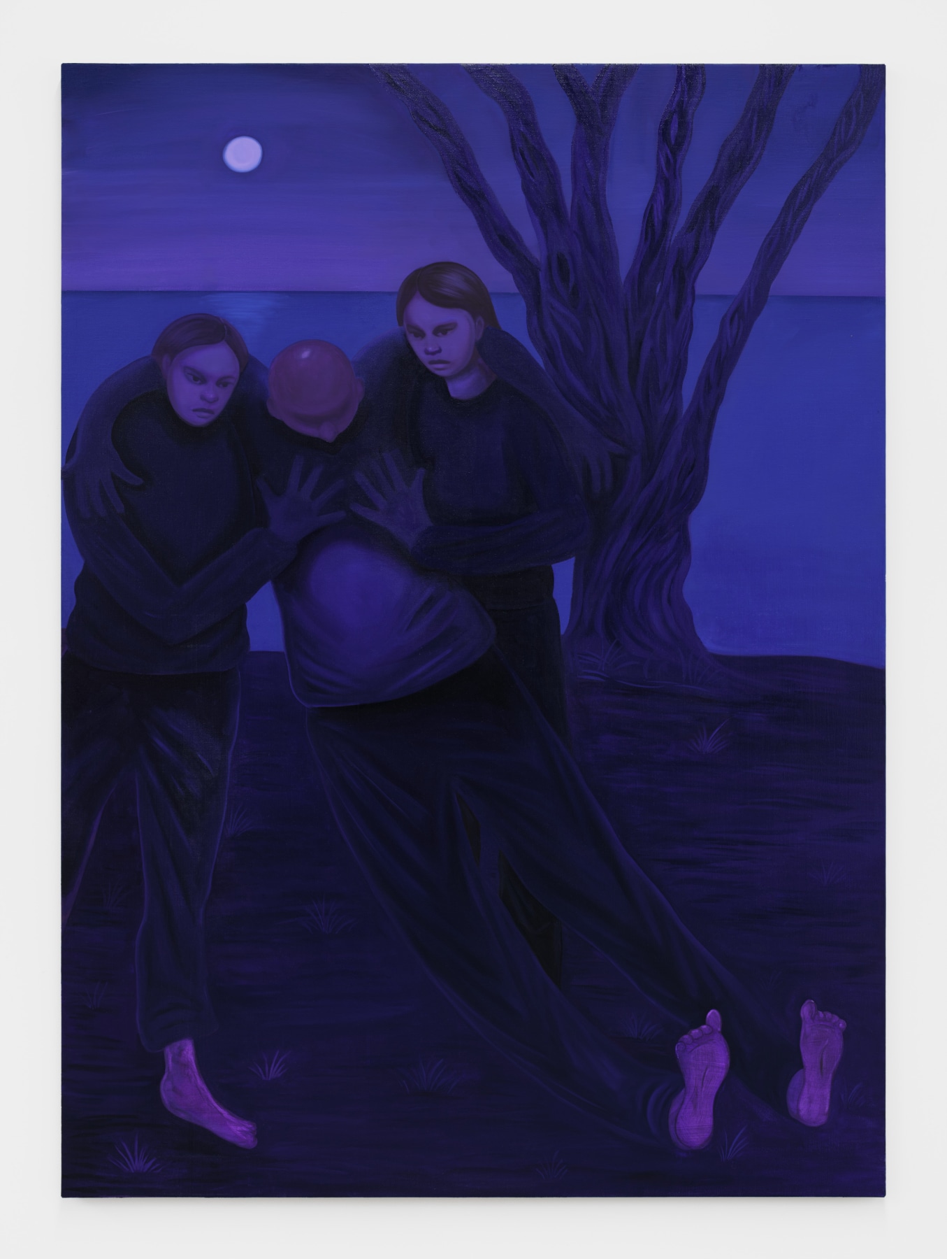 Bambou Gili's artwork "The Drunk". In the dark of night under a full moon two women carry an intoxicated man through the woods . 66 x 48 in (167.6 x 121.9 cm), oil on linen, 2023