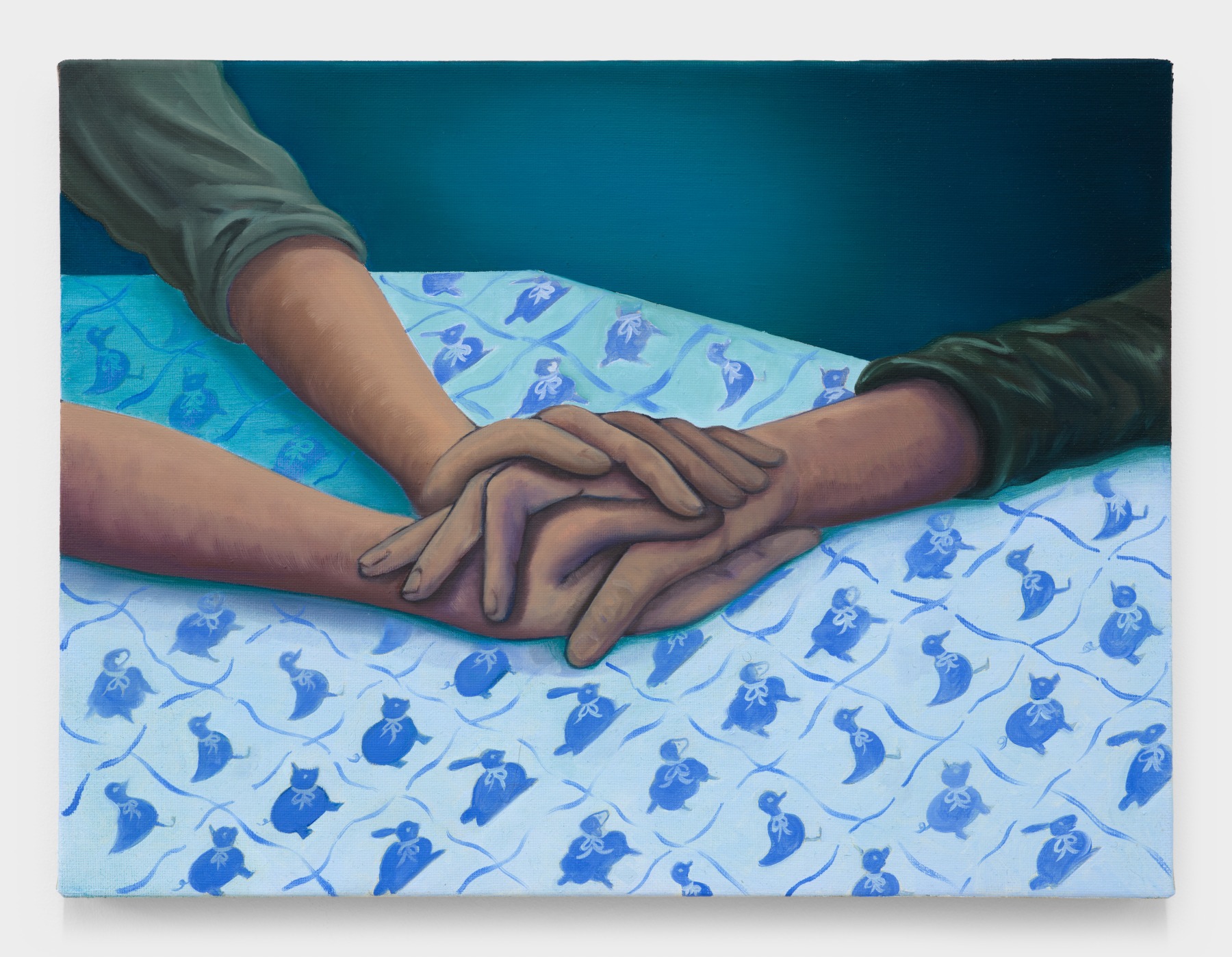 Bambou Gili's artwork "The Plan". A close up view of hands intertwined atop a tablecloth covered in cats, rabbits and ducks.12 x 16 in (30.5 x 40.6 cm), oil on linen, 2022