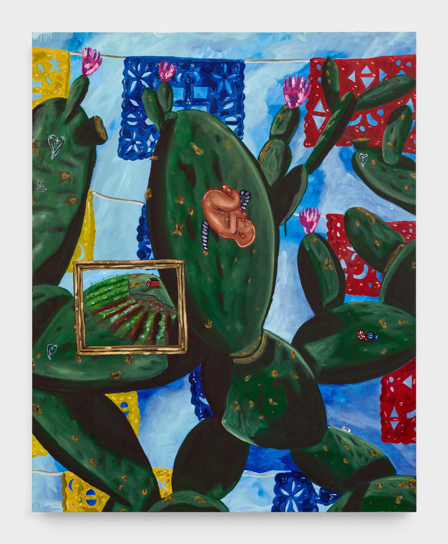 Marcel Alcalá's artwork "My Abuela's Cactus". A sprawling cactus against a blue sky holds a developing fetus, dice and a painting of farmland. 60 x 48 in (152.4 x 121.9 cm), oil on canvas, 2023