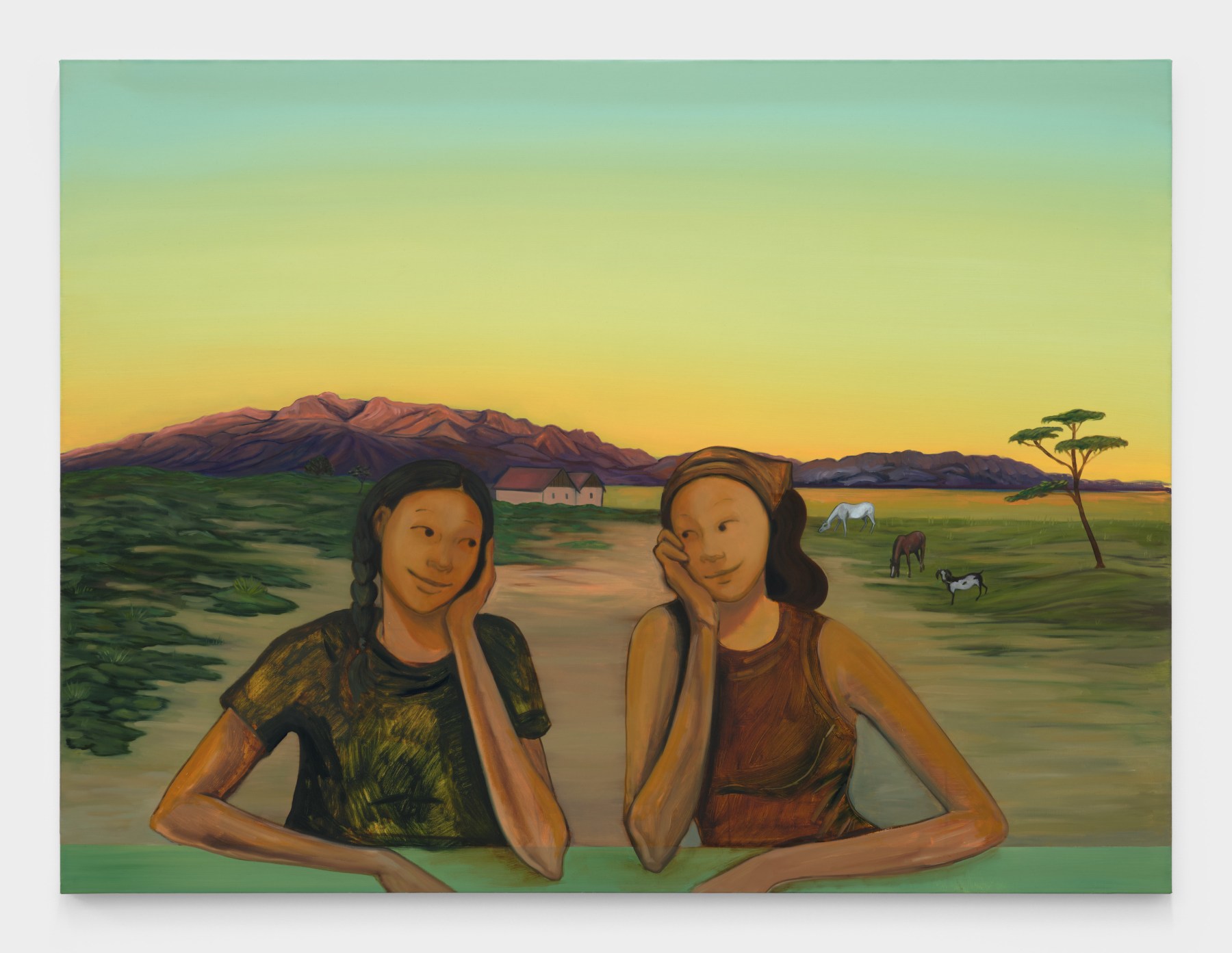 Bambou Gili's artwork "Jam Stand". Two women sit relaxing in a desert field with animals grazing in the background. 36 x 48 in (91.4 x 121.9 cm), oil on linen, 2023