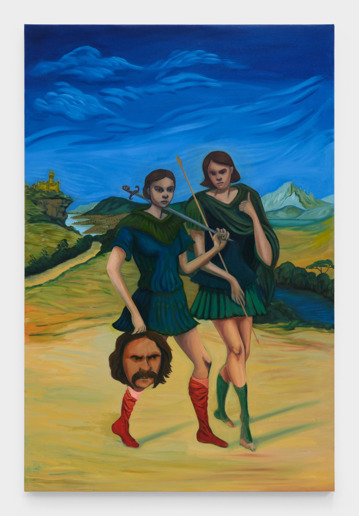 Bambou Gili's artwork "David & Jonathan". Two people carrying weapons walk through a mountainous landscape carrying a decapitated head of a man. 36 x 24 in (91.4 x 61 cm), oil on linen, 2023