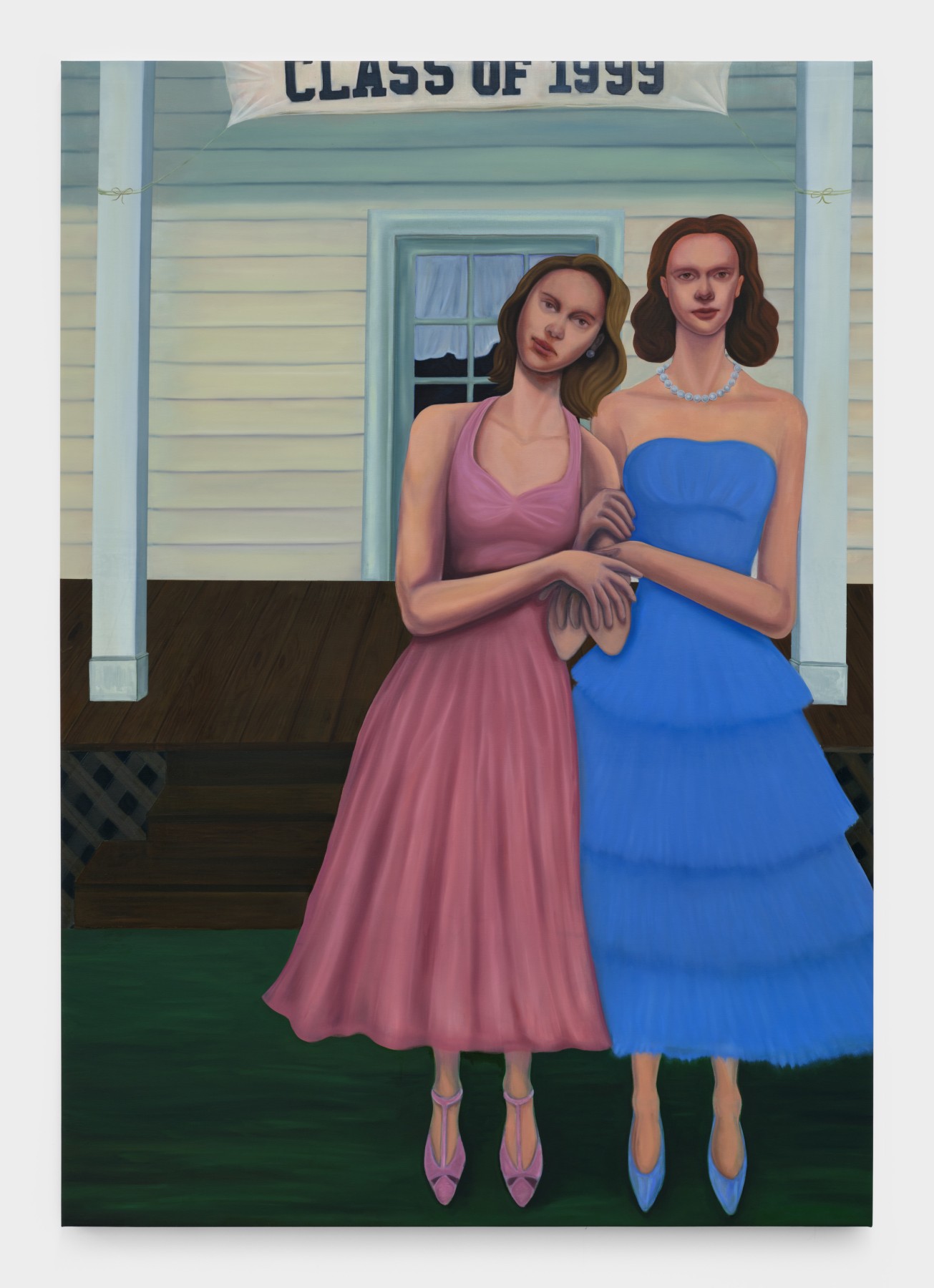 Bambou Gili's artwork "Mary Anne and Wanda Were the Best of Friends". Two young women stand arm in arm in blue and pink ballgowns. 66 x 49 in (167.6 x 124.5 cm), oil on linen, 2022