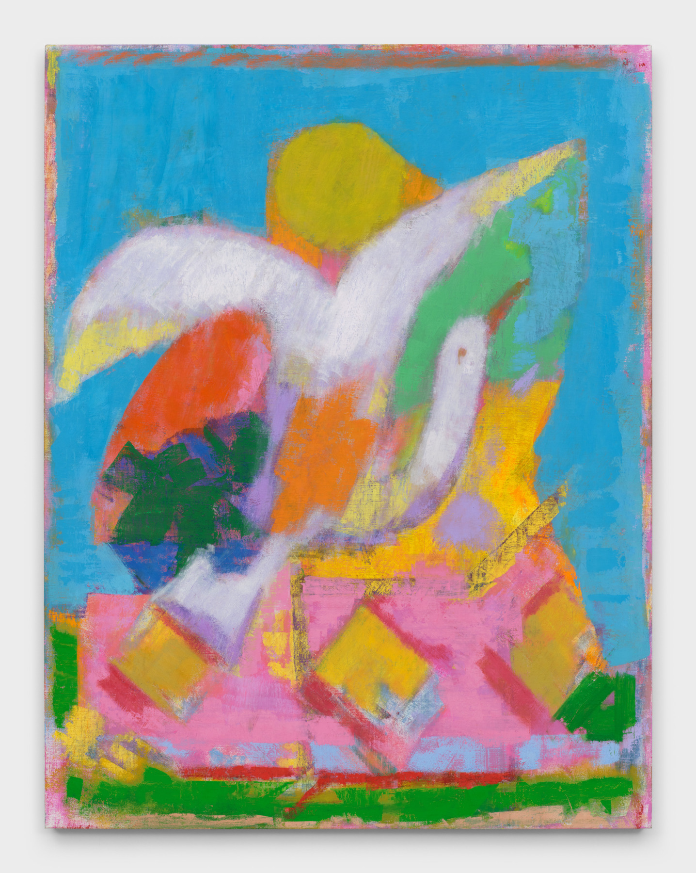 A painting by Michael Berryhill titled "Messenger," which shows a white bird ascending over an assortment of colorful abstract shapes