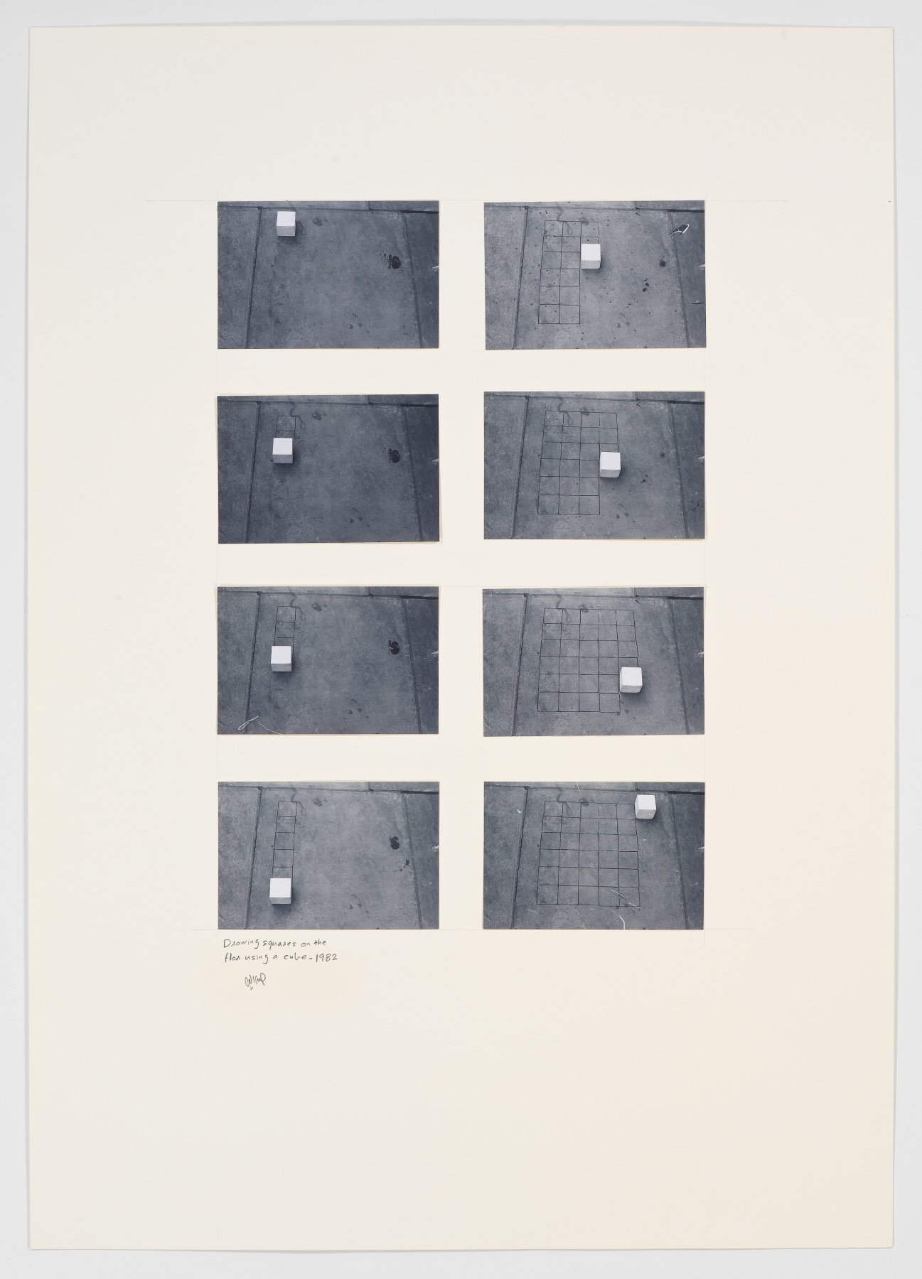 Drawing Squares on the Floor Using a Cube, 1982, Photographs on paperboard in 8 parts