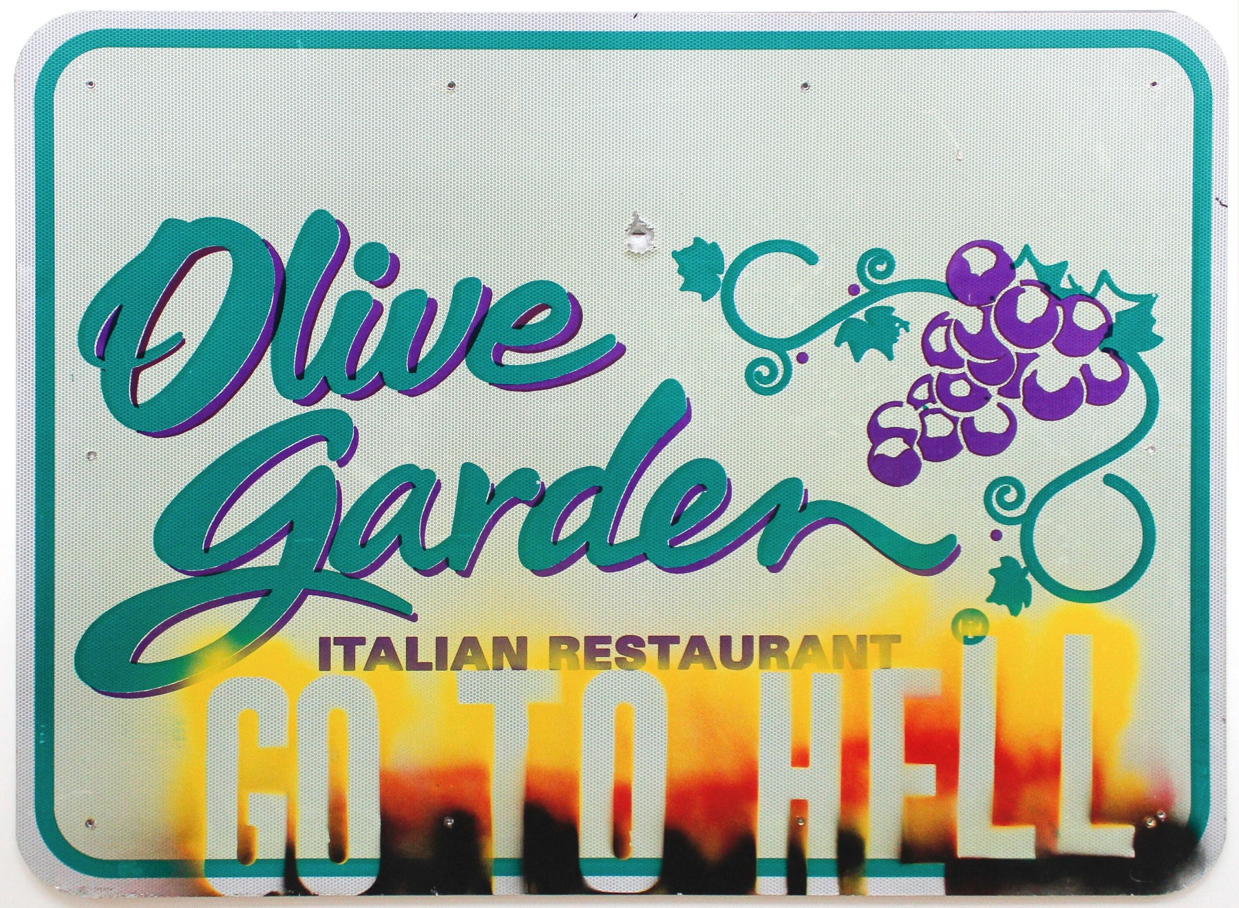 GO TO HELL/OLIVE GARDEN, 2009  Spray paint on metal sign  36 x 48 inches