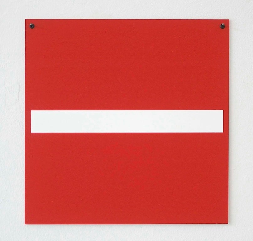 Alan Uglow, Bootleg (red), 1998, Acrylic on galvanized metal, 14 x 14 in, courtesy the Estate of Alan Uglow and Magenta Plains, New York.