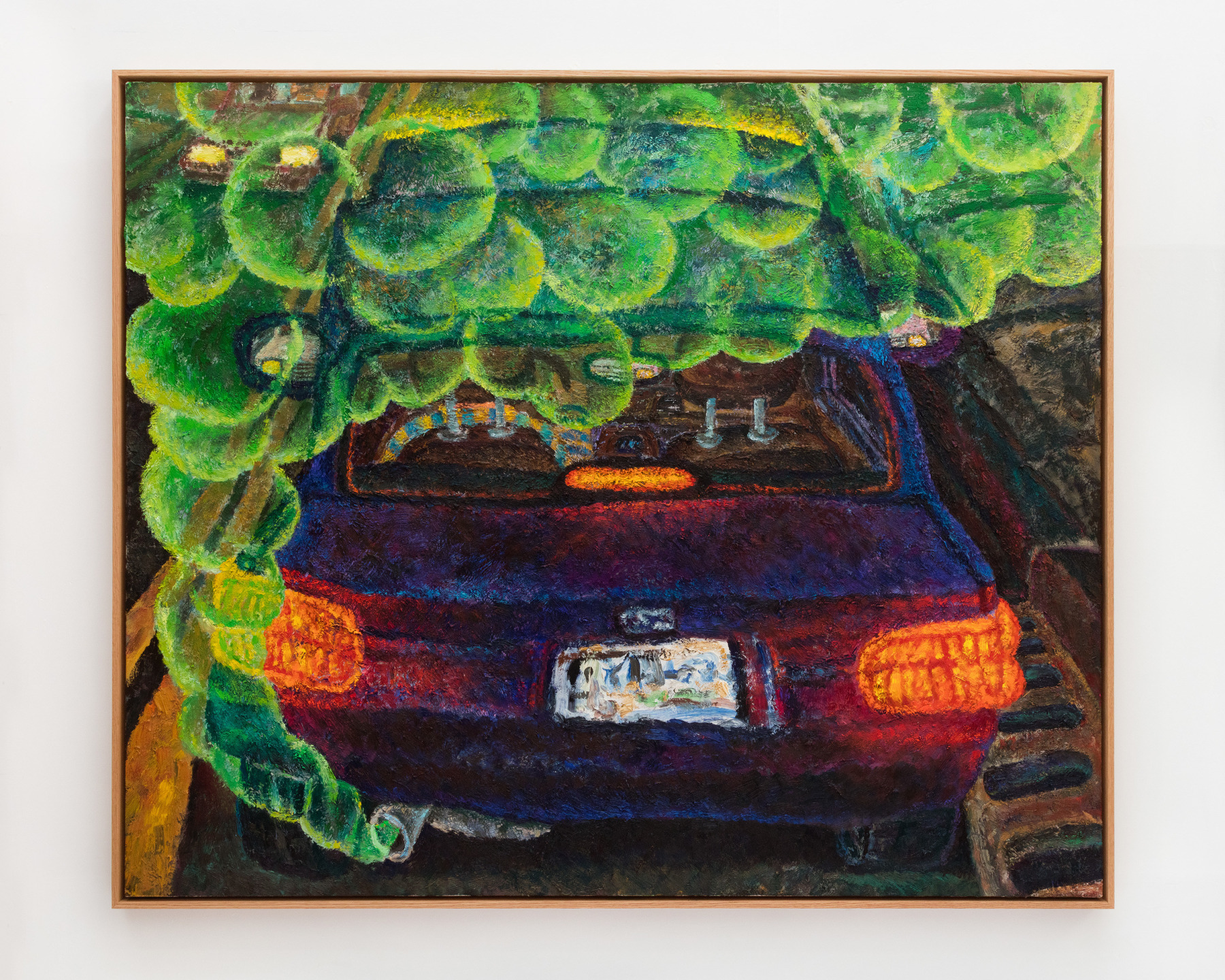 Keegan Monaghan, Blue Car, 2020. Oil on canvas in oak frame, 59 7/8 x 72 inches (152.1 x 182.9 cm.) Courtesy of the artist and Parker Gallery, Los Angeles