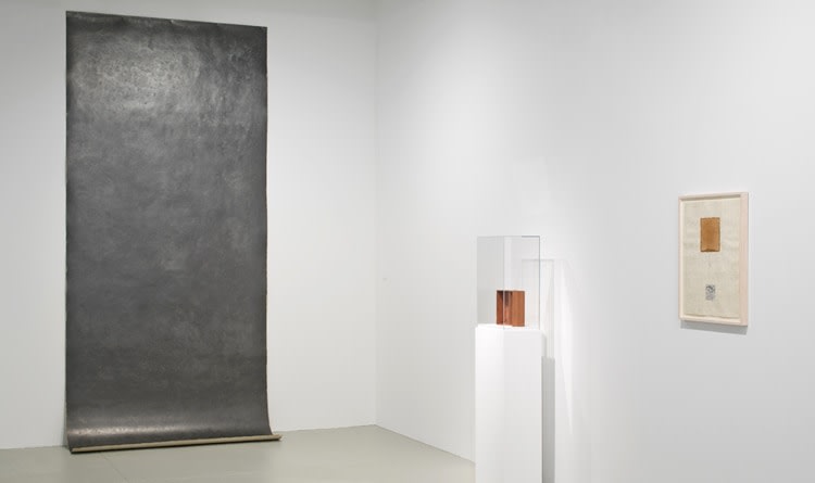 Installation View of &quot;Michelle Stuart: Works from the 1960s to the Present&quot;, Leslie Tonkonow Artworks + Projects, 2011: (left to right):&nbsp; 28 Moray Hill,&nbsp;1974;&nbsp; Earth Diptych,&nbsp;1968;&nbsp; Hyde Park Site Map,&nbsp;1974.&nbsp;