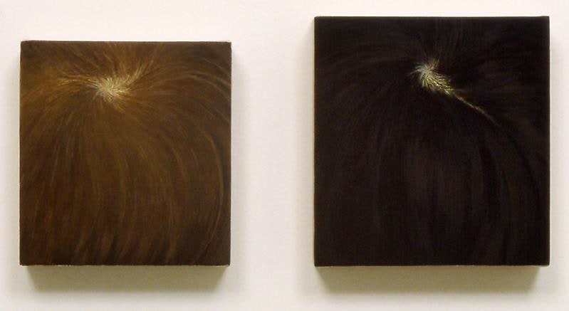Two close-up paintings of Ella and Emmett's hair whorls