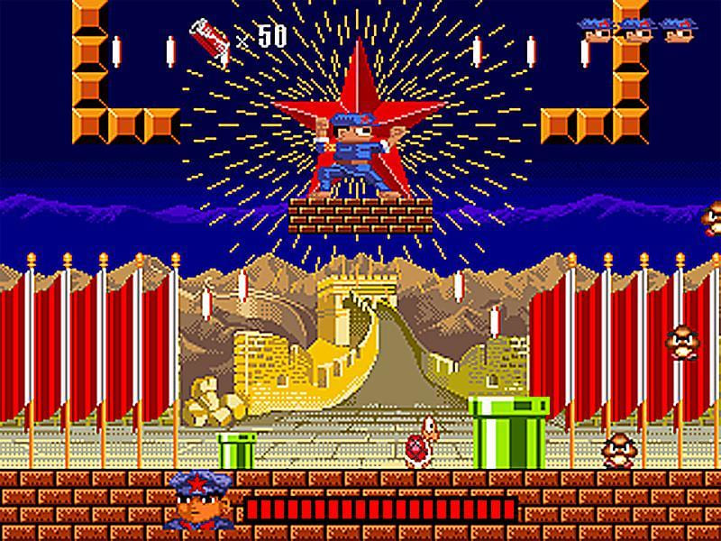 pixelated video game imitating Super Mario Bros. with the Great Wall of China in the background